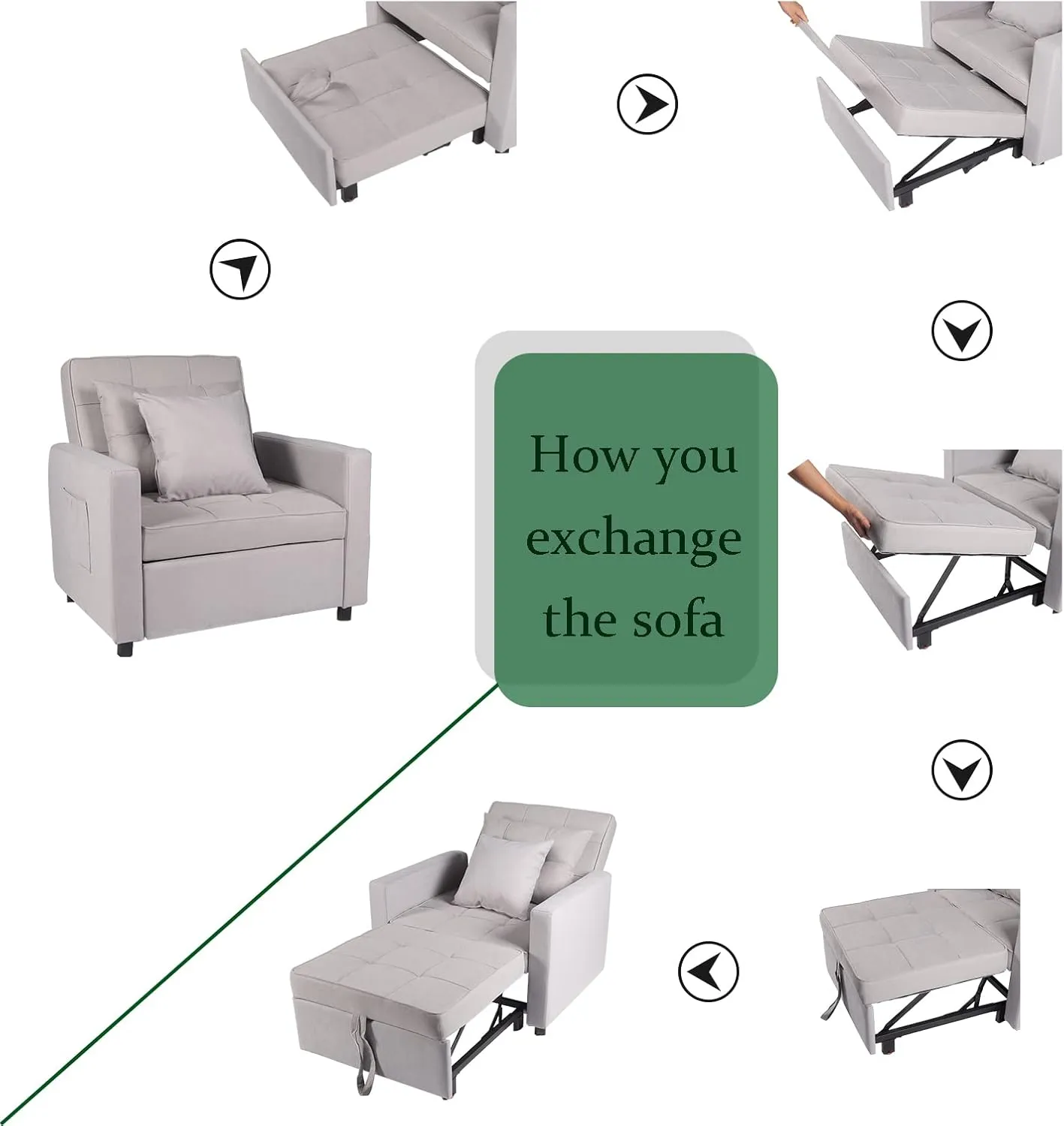 Polar Aurora Sofa Bed Chair 3-in-1 Convertible Chair Bed, Lounger Sleeper Chair, Single Recliner for Small Space with Adjustable Backrest (Light Grey)