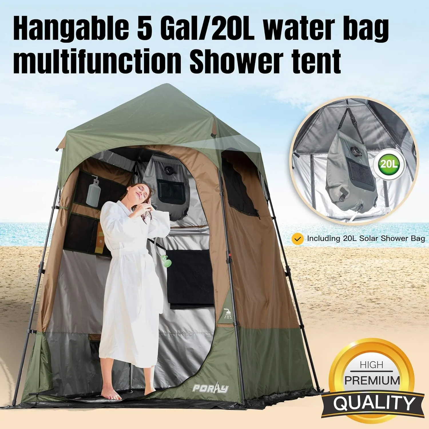 Portable Camping Shower Tent Deluxe Changing Room with Shower Bag Easy Set Up Privacy Shelter,Large Toilet Tent with Floor Drain Design for Beach,Camping,Hiking with Stakes and Ropes for Stability