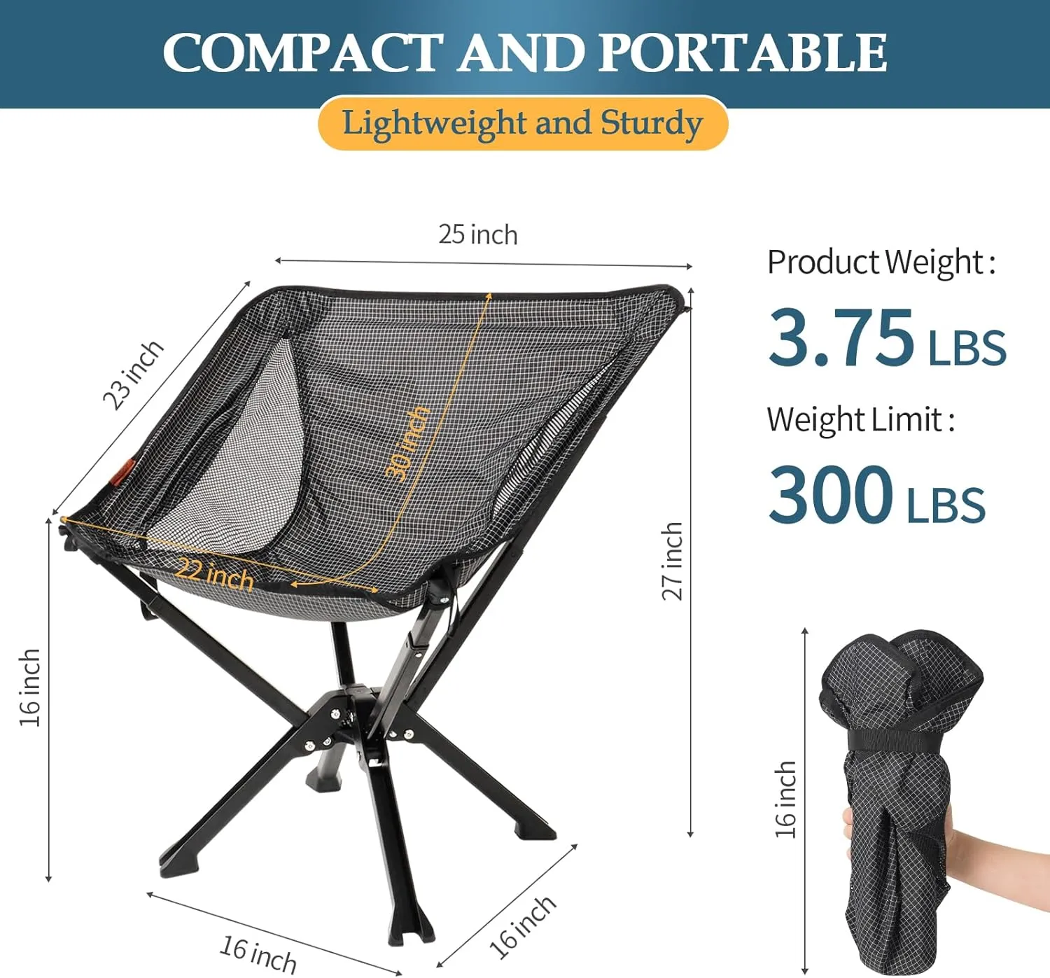 Portable Chair with Carry Bag - Durable and Ultra-Light Folding Chair for Camping - Supports 300 Lbs - Perfect for Outdoor Adventures