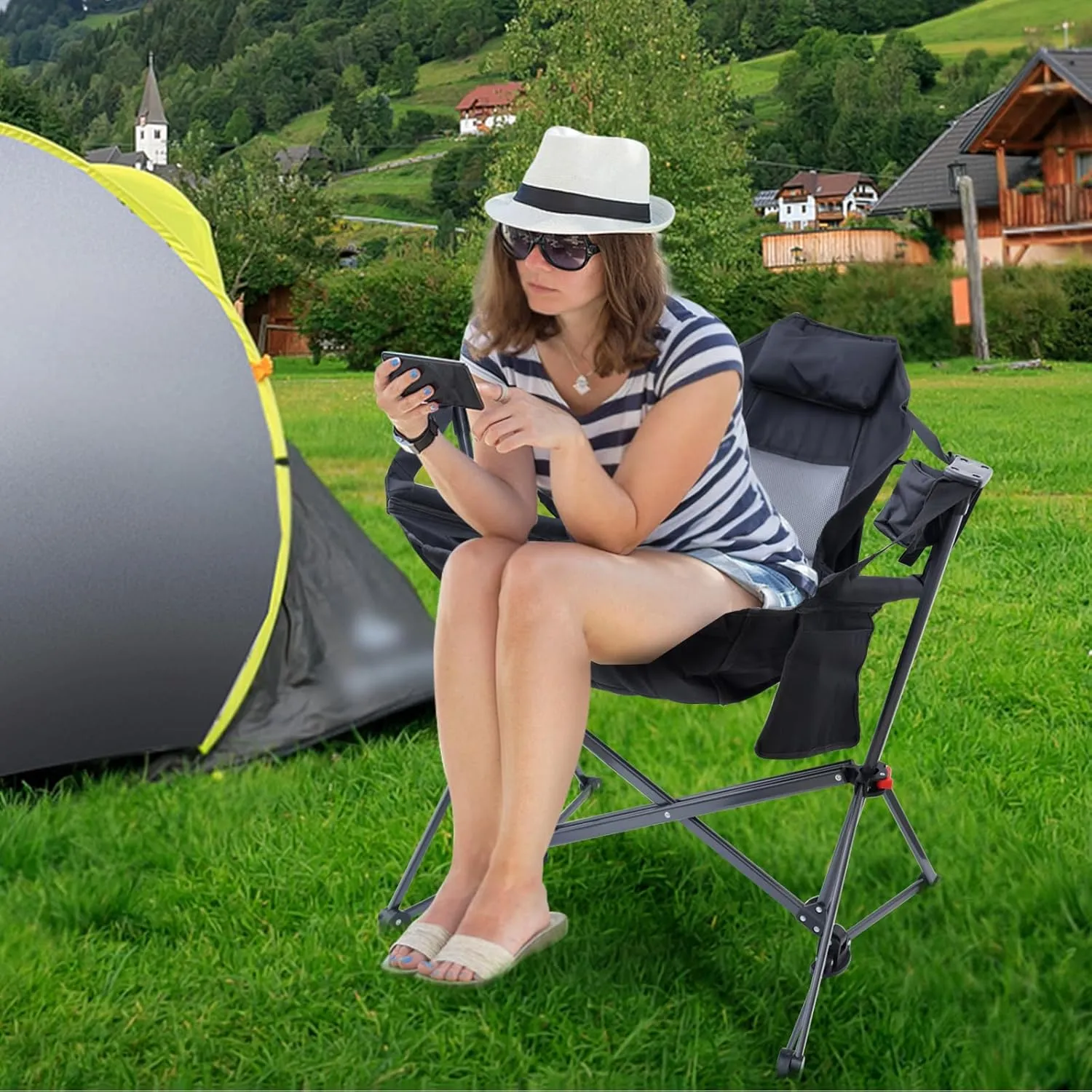 Portable Hammock Chair, Camping Chair, Rocker Camping Chair, Swinging Chair, Lightweight & Portable, with Pocket, Cupholder, Easy to Carry, Heavy Duty for Outdoor Camping & Picnic (2 Pack)