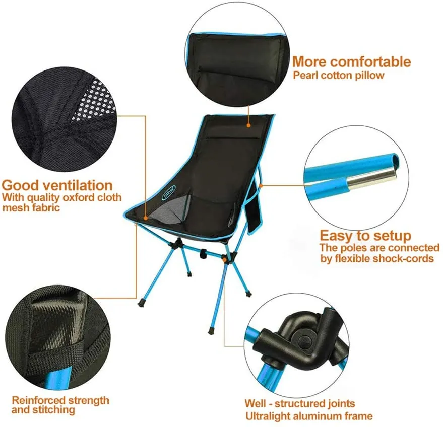 Portable Lightweight High Back Camping Chair with Headrest and Storage Bag