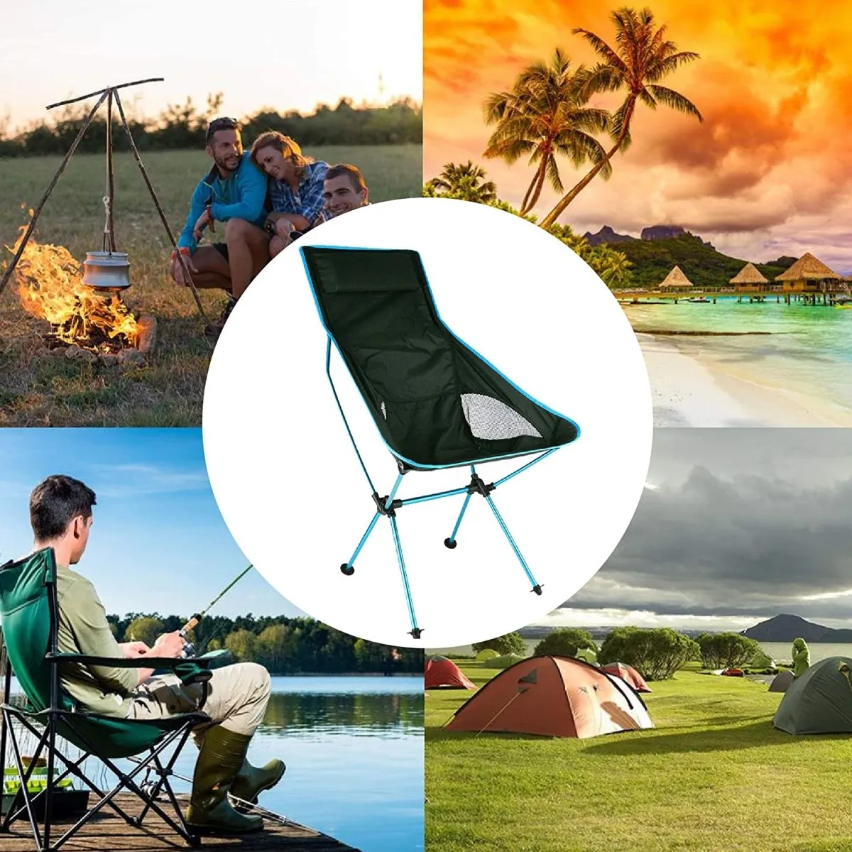 Portable Lightweight High Back Camping Chair with Headrest and Storage Bag