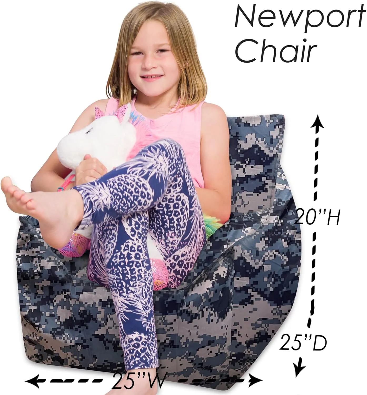 Posh Creations Structured Comfy Bean Bag Chair for Gaming, Reading and Watching TV, Newport Chair, Nylon - Camo Digital