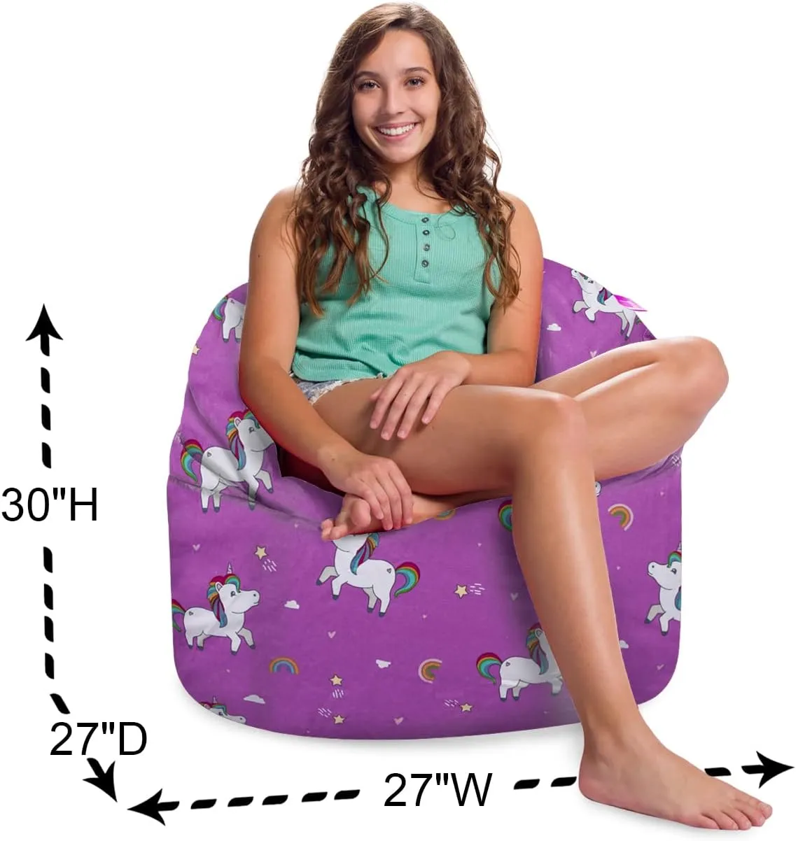 Posh Creations Structured Comfy Bean Bag Chair for Gaming, Reading, and Watching TV, Sonoma Lounge, Canvas - Unicorn and Rainbows on Purple