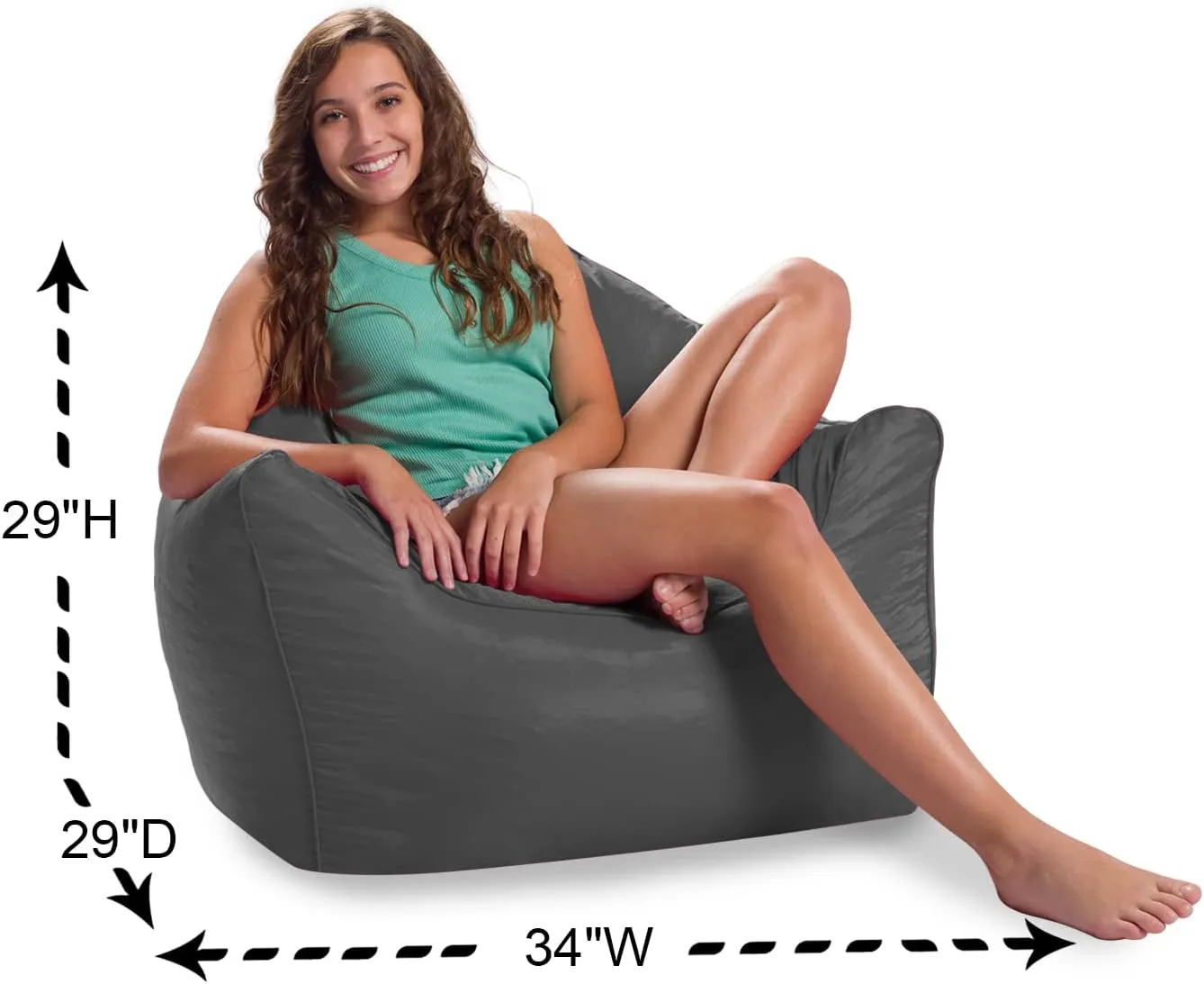 Posh Creations Structured Comfy Seat for Playrooms and Bedrooms, Large Bean Bag Chair, Malibu Lounge, Charcoal Gray