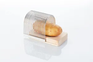 Potato, chips and vegetable cutter for even chips, hasselback potatoes and vegetable strips made of stainless steel with wooden board, dimensions 13.6 x 9.4 x 10.5 cm