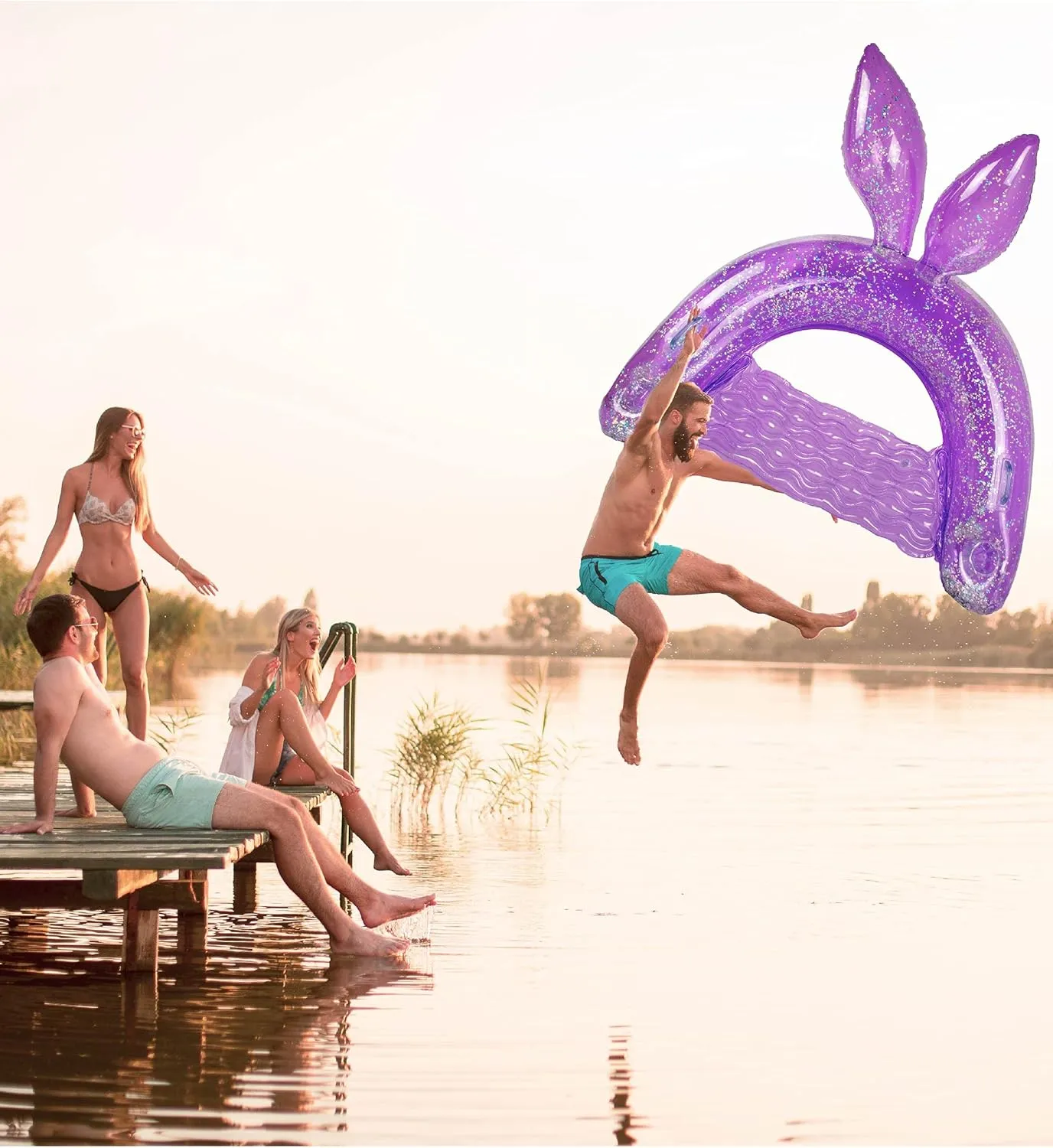 POZA Inflatable Bunny Pool Float Chair - Sparkle Confetti Lounge Inflatable Pool Floats, 2 Built in Cup Holders and Handles, Bunny Ears Inflatable Pool Lounger Floating Chair - 48x38 Inch