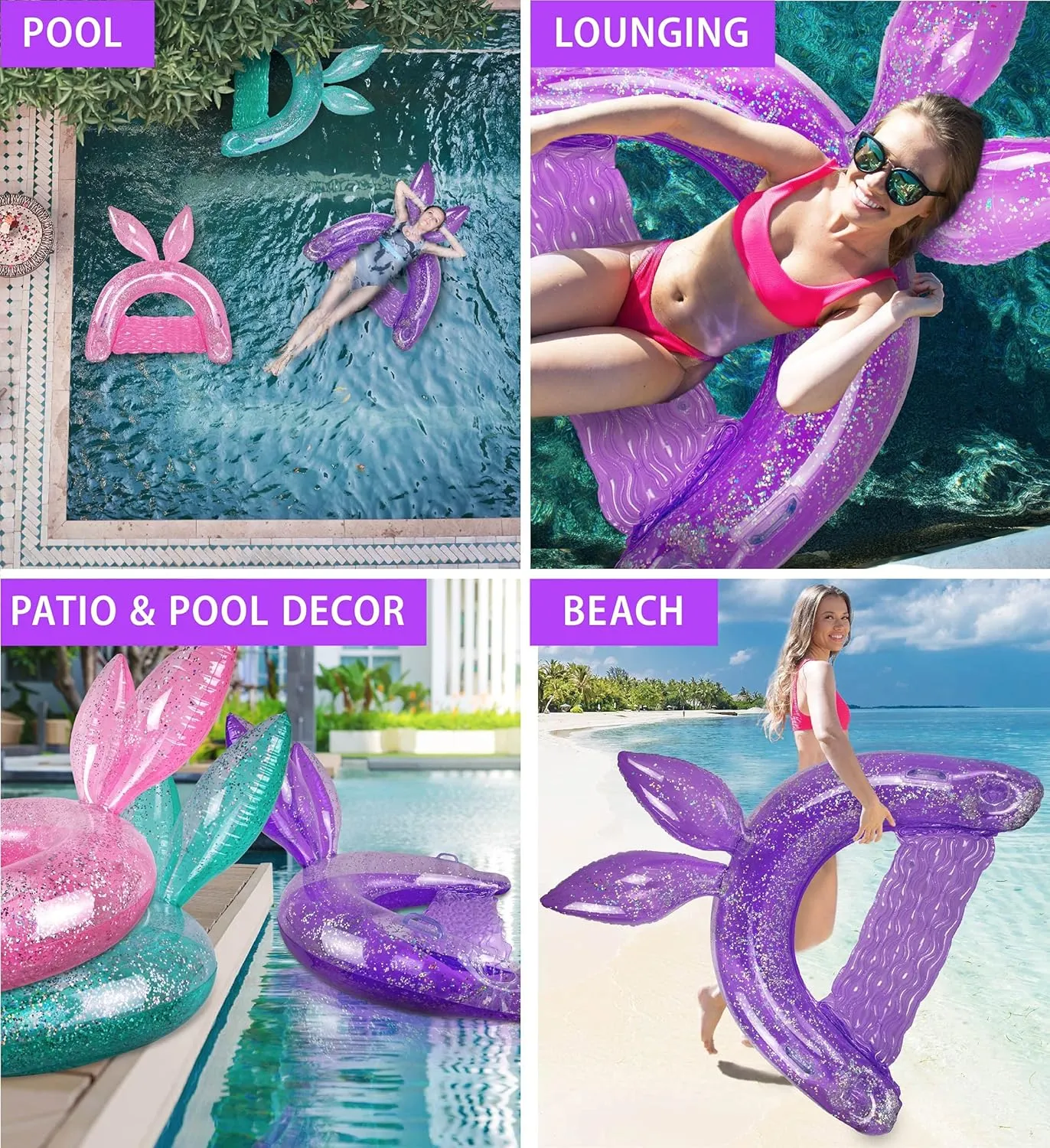 POZA Inflatable Bunny Pool Float Chair - Sparkle Confetti Lounge Inflatable Pool Floats, 2 Built in Cup Holders and Handles, Bunny Ears Inflatable Pool Lounger Floating Chair - 48x38 Inch