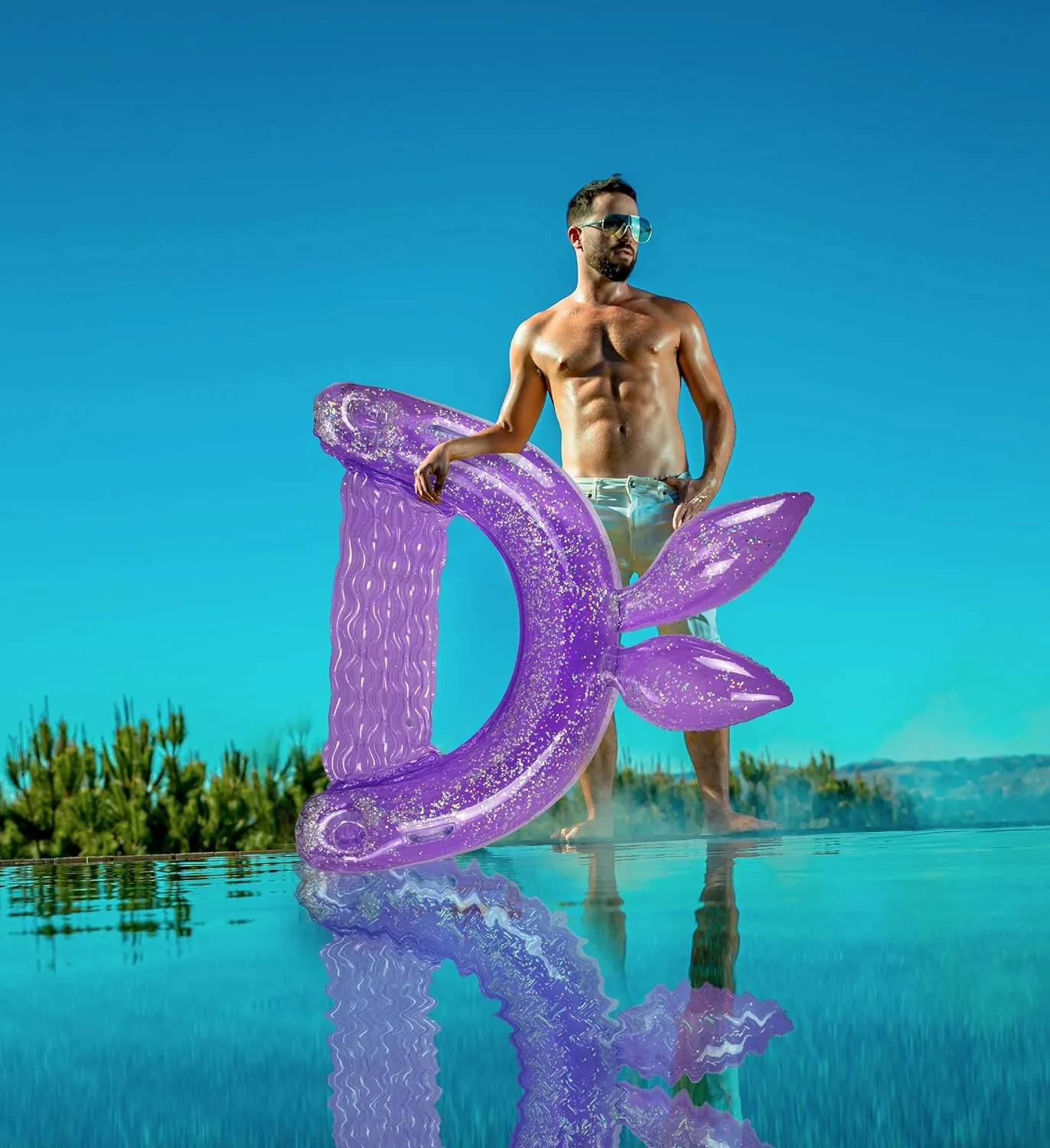 POZA Inflatable Bunny Pool Float Chair - Sparkle Confetti Lounge Inflatable Pool Floats, 2 Built in Cup Holders and Handles, Bunny Ears Inflatable Pool Lounger Floating Chair - 48x38 Inch