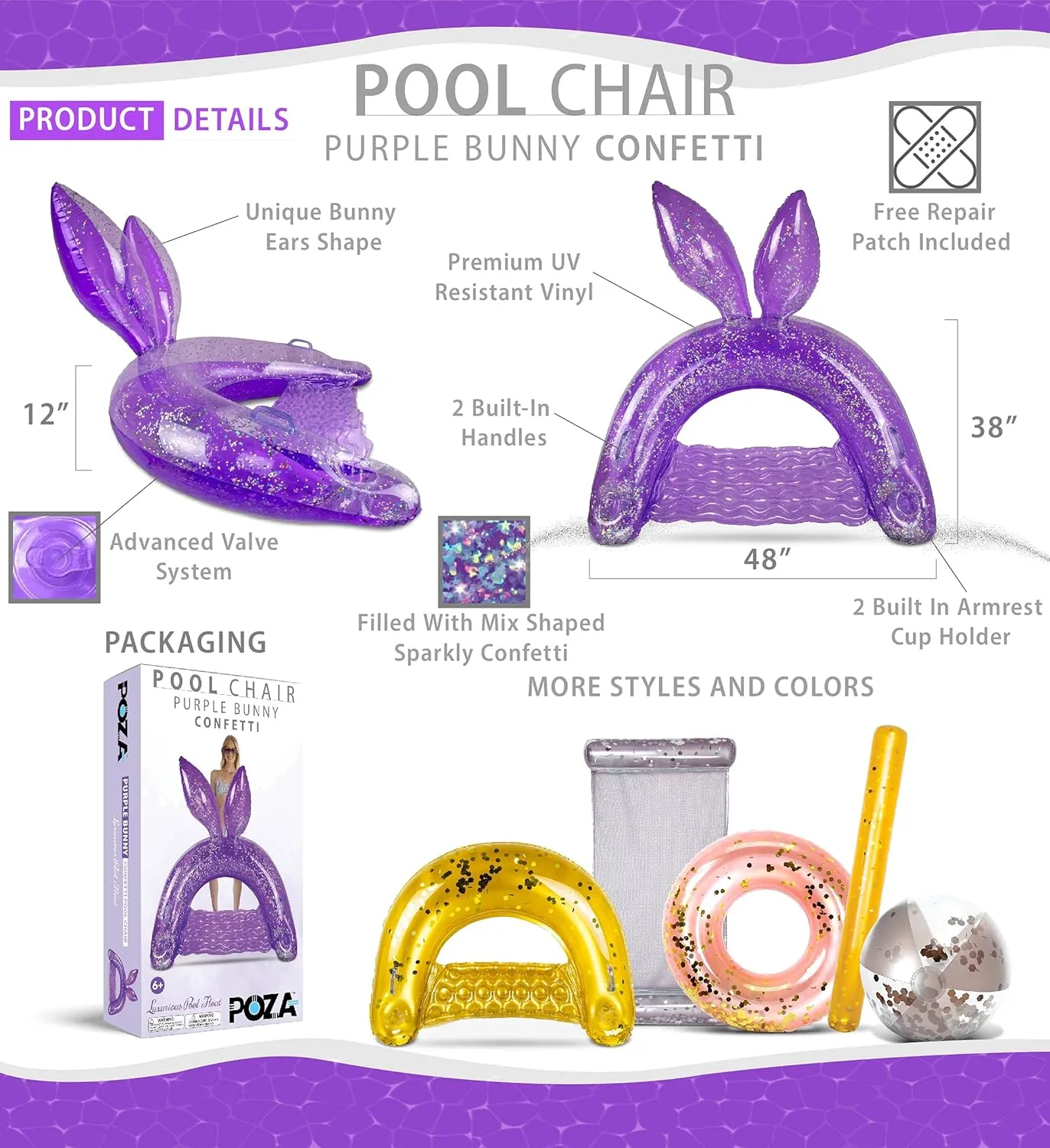 POZA Inflatable Bunny Pool Float Chair - Sparkle Confetti Lounge Inflatable Pool Floats, 2 Built in Cup Holders and Handles, Bunny Ears Inflatable Pool Lounger Floating Chair - 48x38 Inch