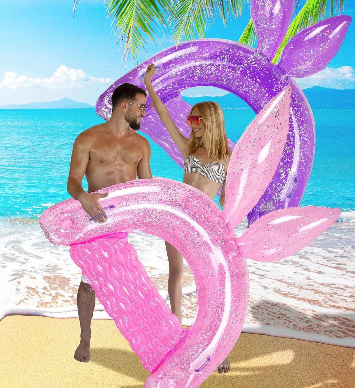 POZA Inflatable Bunny Pool Float Chair - Sparkle Confetti Lounge Inflatable Pool Floats, 2 Built in Cup Holders and Handles, Bunny Ears Inflatable Pool Lounger Floating Chair - 48x38 Inch