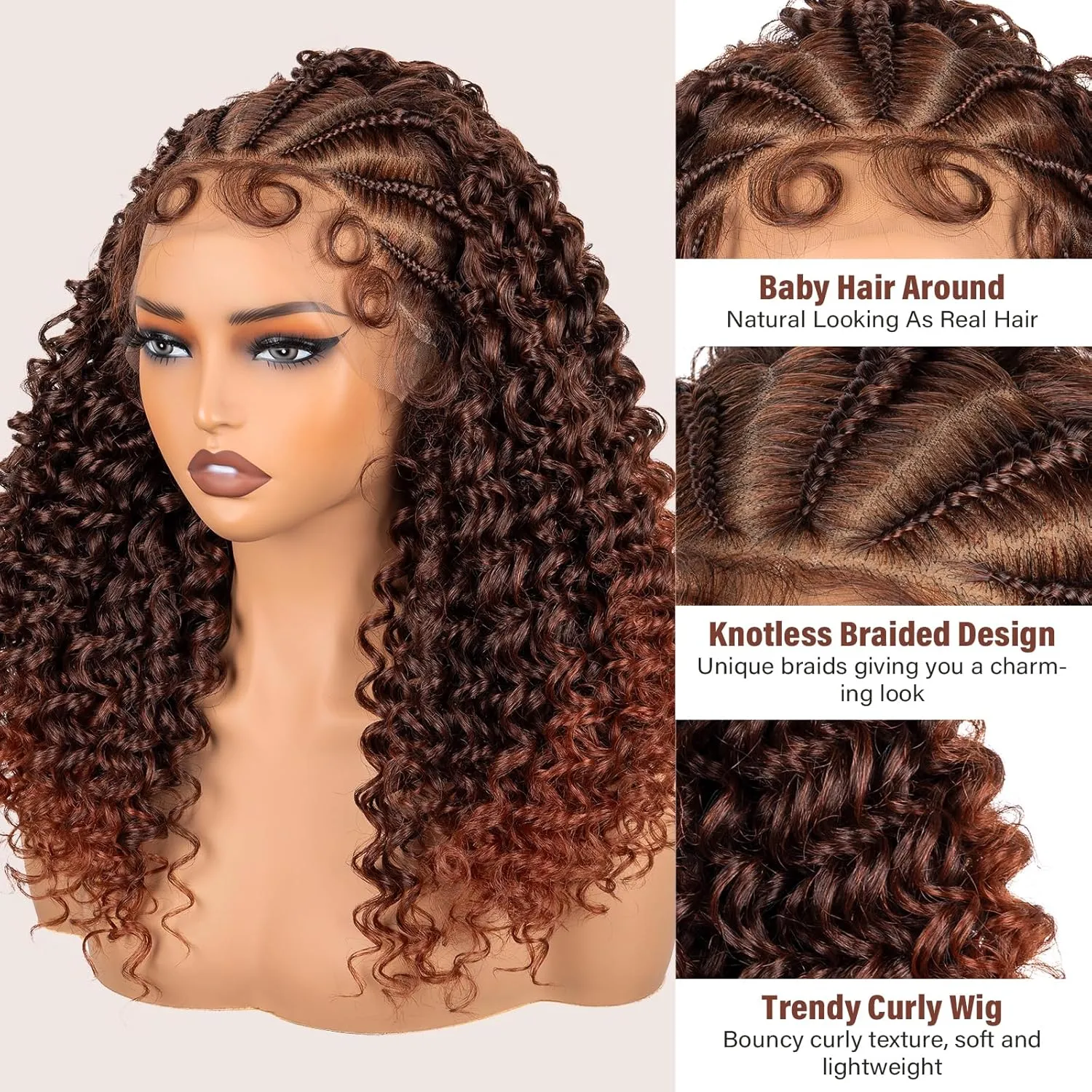 PROTEA Braided Wigs for Black Women, Lightweight Synthetic Handmade Braids Wig with Baby Hair, Mix Color Braid Lace Wig with Curly End, 20 Inch #T1B/350