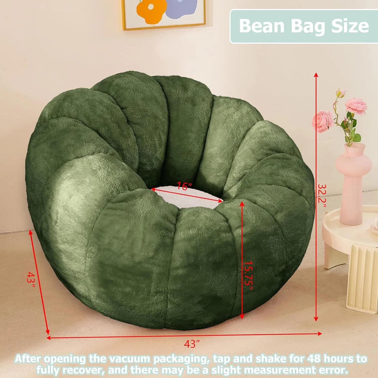 Pumpkin Bean Bag Sofa Chair for Adult, Beanbag Couch with Filler for Reading and Relaxation, Comfy and Lazy Sofa for Dorm, Apartment, Living Room and Bedroom, Dark Green