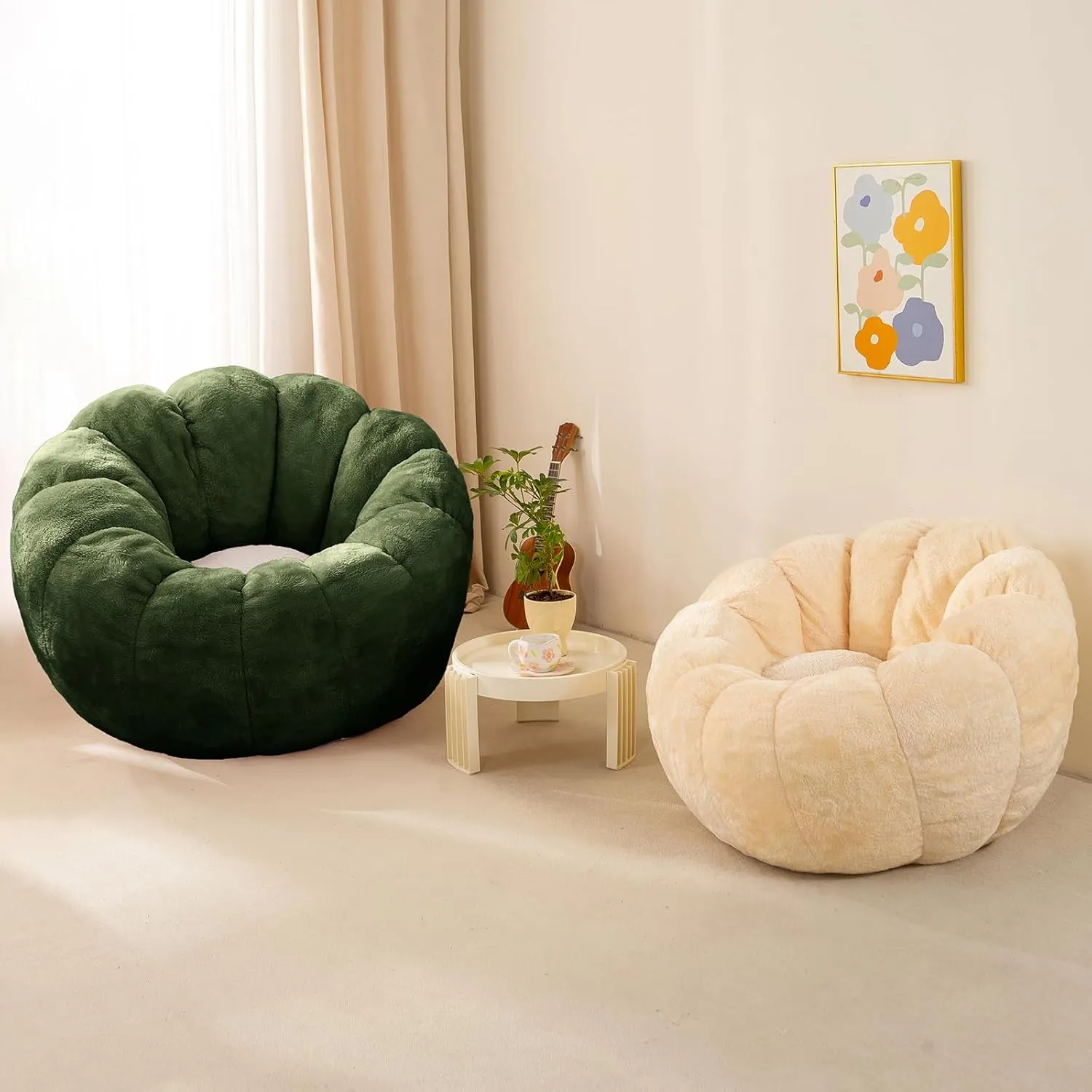 Pumpkin Bean Bag Sofa Chair for Adult, Beanbag Couch with Filler for Reading and Relaxation, Comfy and Lazy Sofa for Dorm, Apartment, Living Room and Bedroom, Dark Green