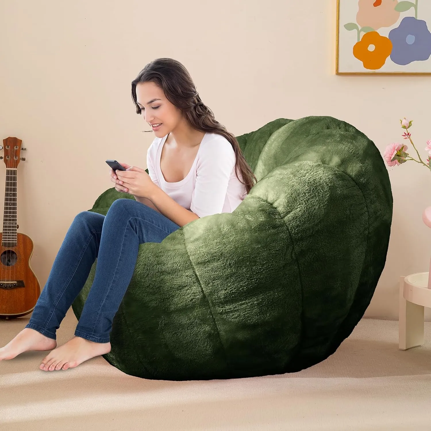 Pumpkin Bean Bag Sofa Chair for Adult, Beanbag Couch with Filler for Reading and Relaxation, Comfy and Lazy Sofa for Dorm, Apartment, Living Room and Bedroom, Dark Green