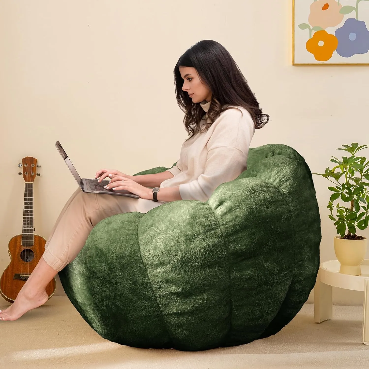 Pumpkin Bean Bag Sofa Chair for Adult, Beanbag Couch with Filler for Reading and Relaxation, Comfy and Lazy Sofa for Dorm, Apartment, Living Room and Bedroom, Dark Green