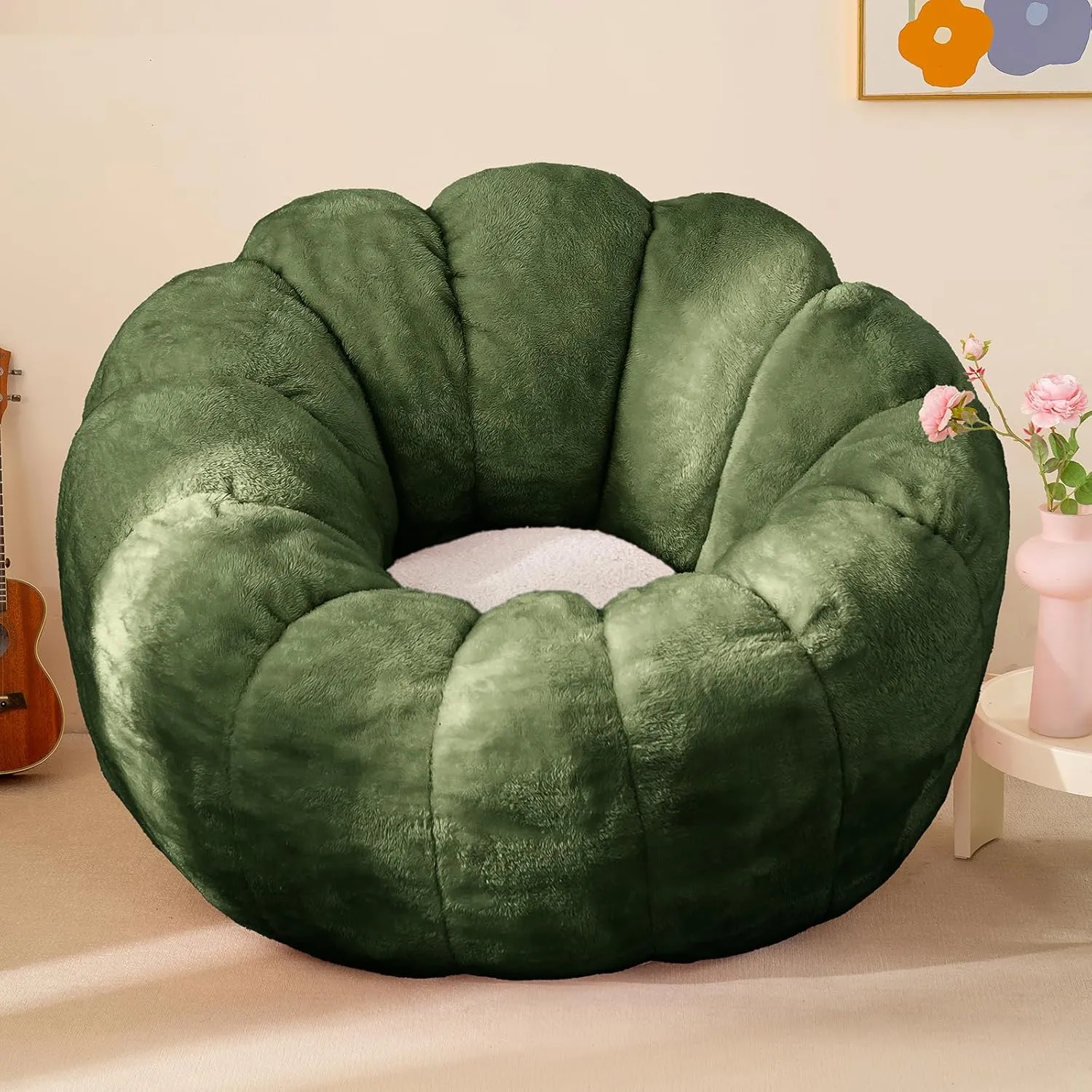 Pumpkin Bean Bag Sofa Chair for Adult, Beanbag Couch with Filler for Reading and Relaxation, Comfy and Lazy Sofa for Dorm, Apartment, Living Room and Bedroom, Dark Green