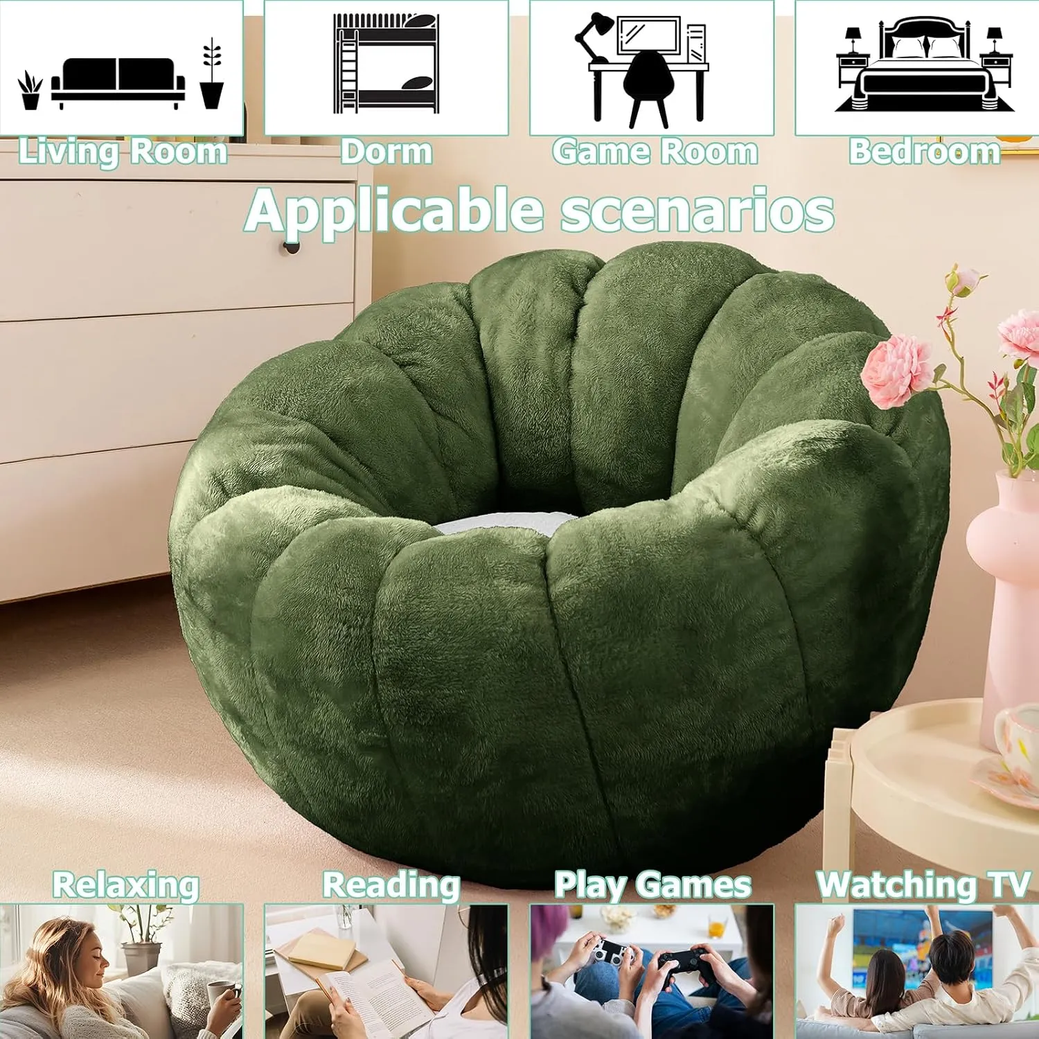 Pumpkin Bean Bag Sofa Chair for Adult, Beanbag Couch with Filler for Reading and Relaxation, Comfy and Lazy Sofa for Dorm, Apartment, Living Room and Bedroom, Dark Green