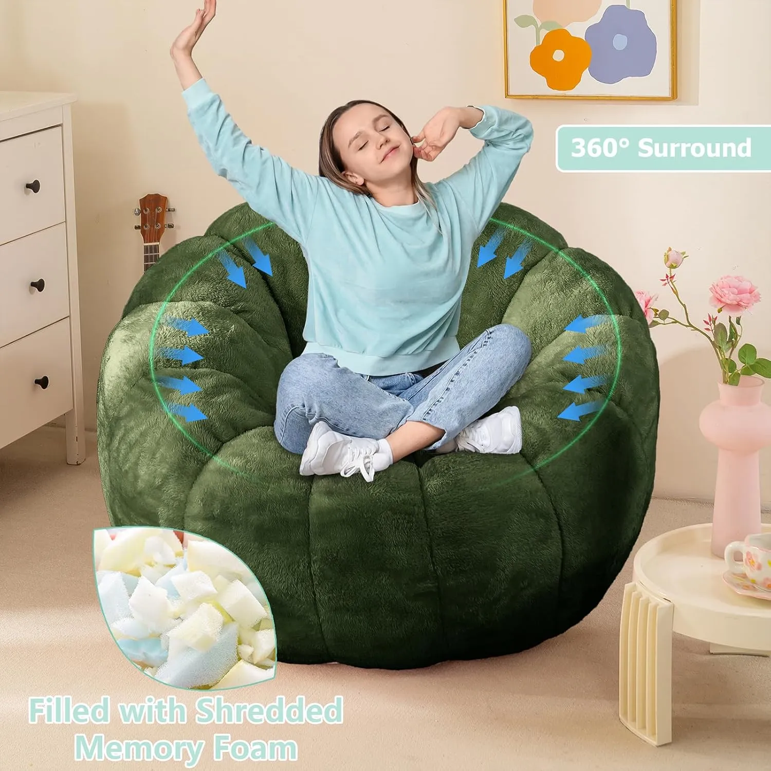 Pumpkin Bean Bag Sofa Chair for Adult, Beanbag Couch with Filler for Reading and Relaxation, Comfy and Lazy Sofa for Dorm, Apartment, Living Room and Bedroom, Dark Green