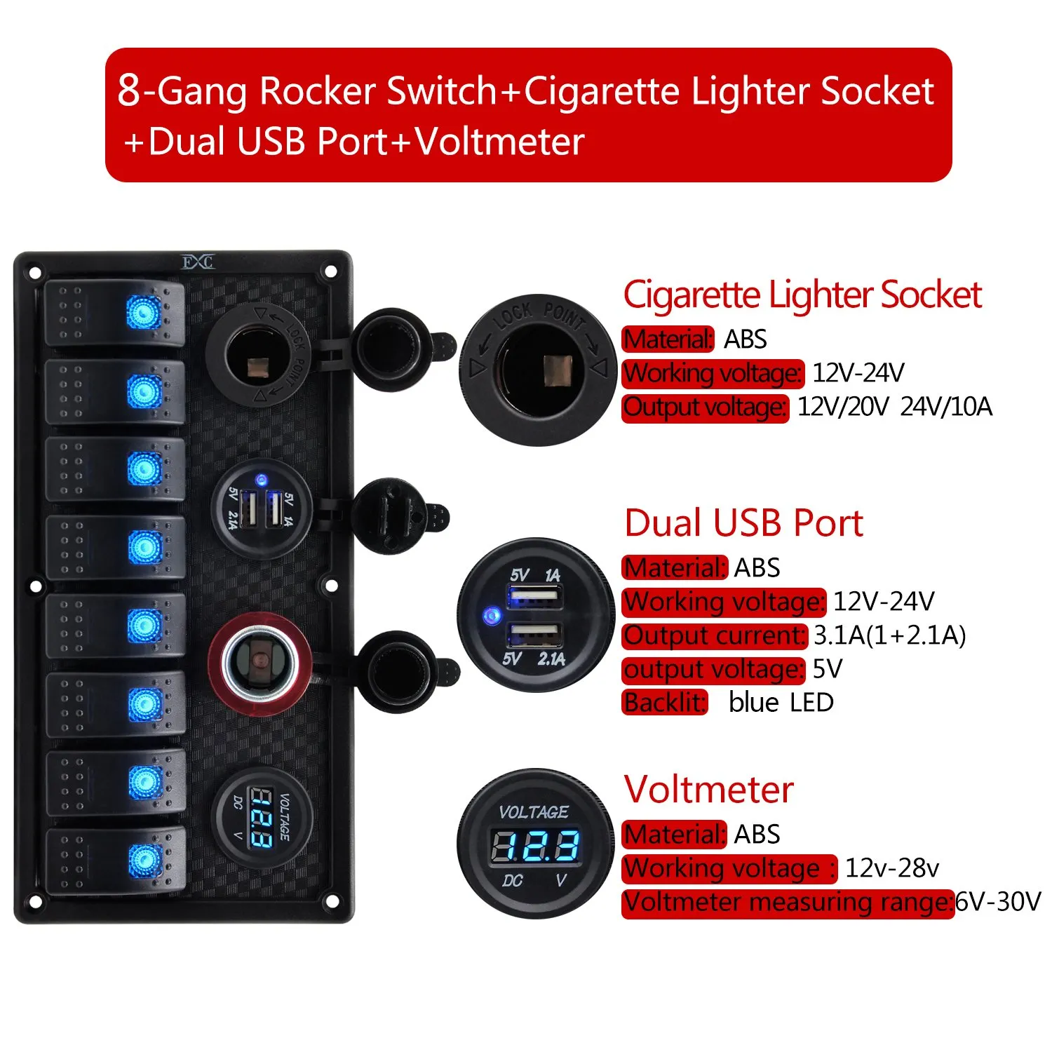 Purishion 8 Gang Rocker Switch Panel with Dual USB & Power Socket 12V-24V for Car Marine Boat Trailer (S8230)?-