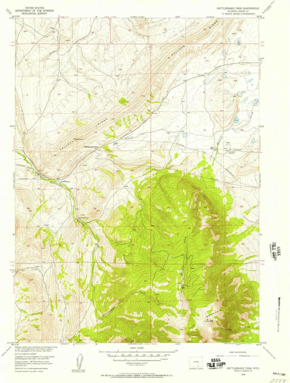 Rattlesnake Pass WY topo map, 1:24000 Scale, 7.5 X 7.5 Minute, Historical, 1955, Updated 1957, 26.9 x 21.3 in