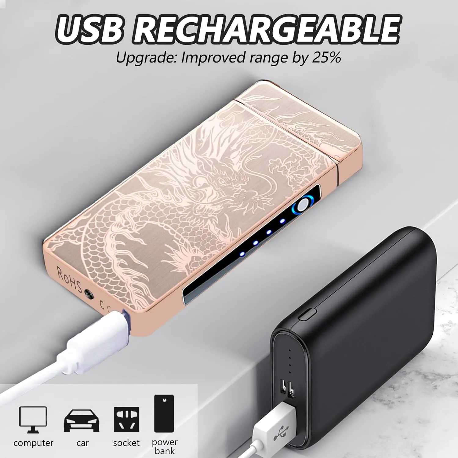 Rechargeable Electric Lighter - Plasma Arc Candle Lighter, Dragon Torch, Windproof with LED Power Display for Camping, Hiking, Traveling (GoldDragon)