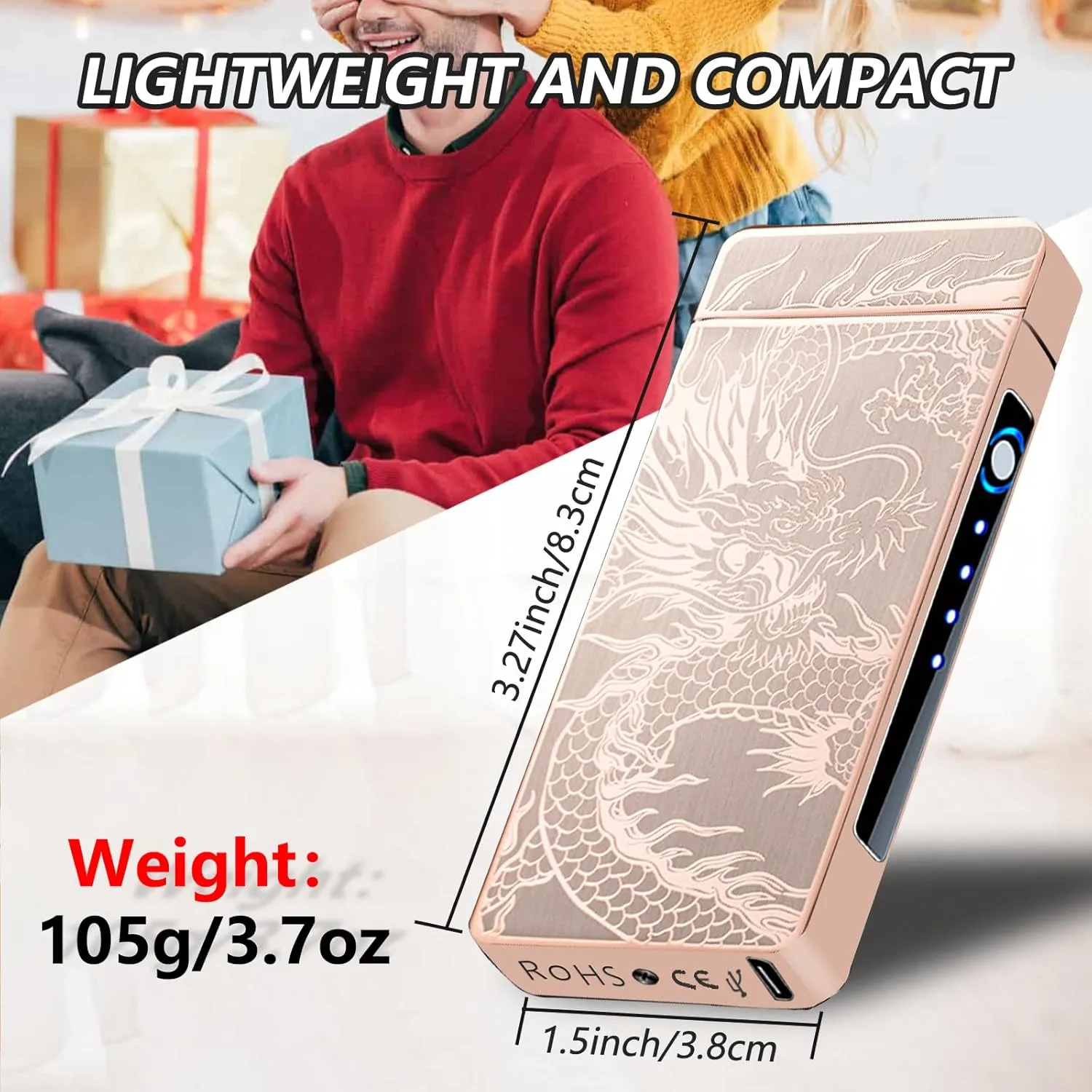 Rechargeable Electric Lighter - Plasma Arc Candle Lighter, Dragon Torch, Windproof with LED Power Display for Camping, Hiking, Traveling (GoldDragon)