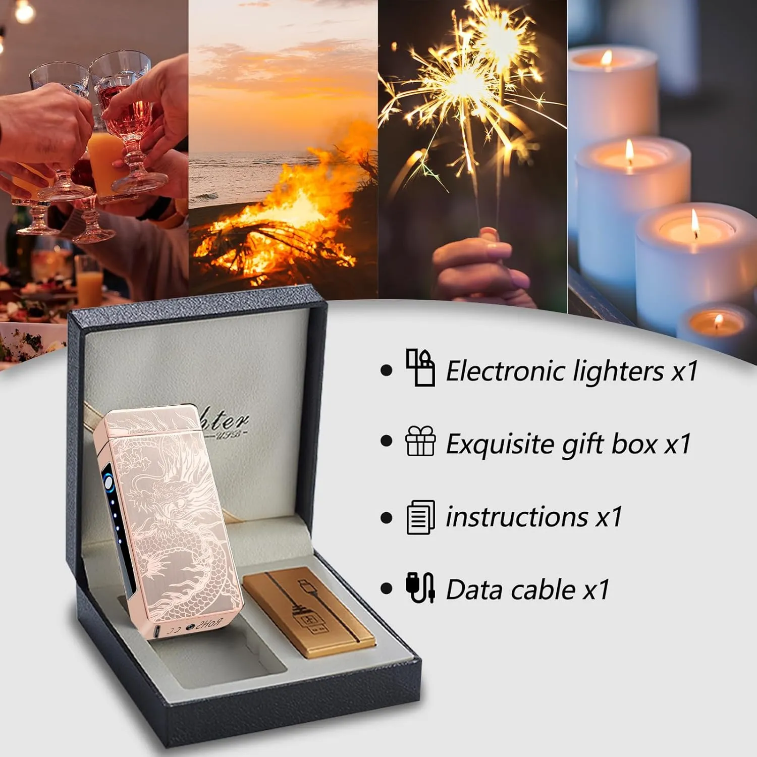 Rechargeable Electric Lighter - Plasma Arc Candle Lighter, Dragon Torch, Windproof with LED Power Display for Camping, Hiking, Traveling (GoldDragon)