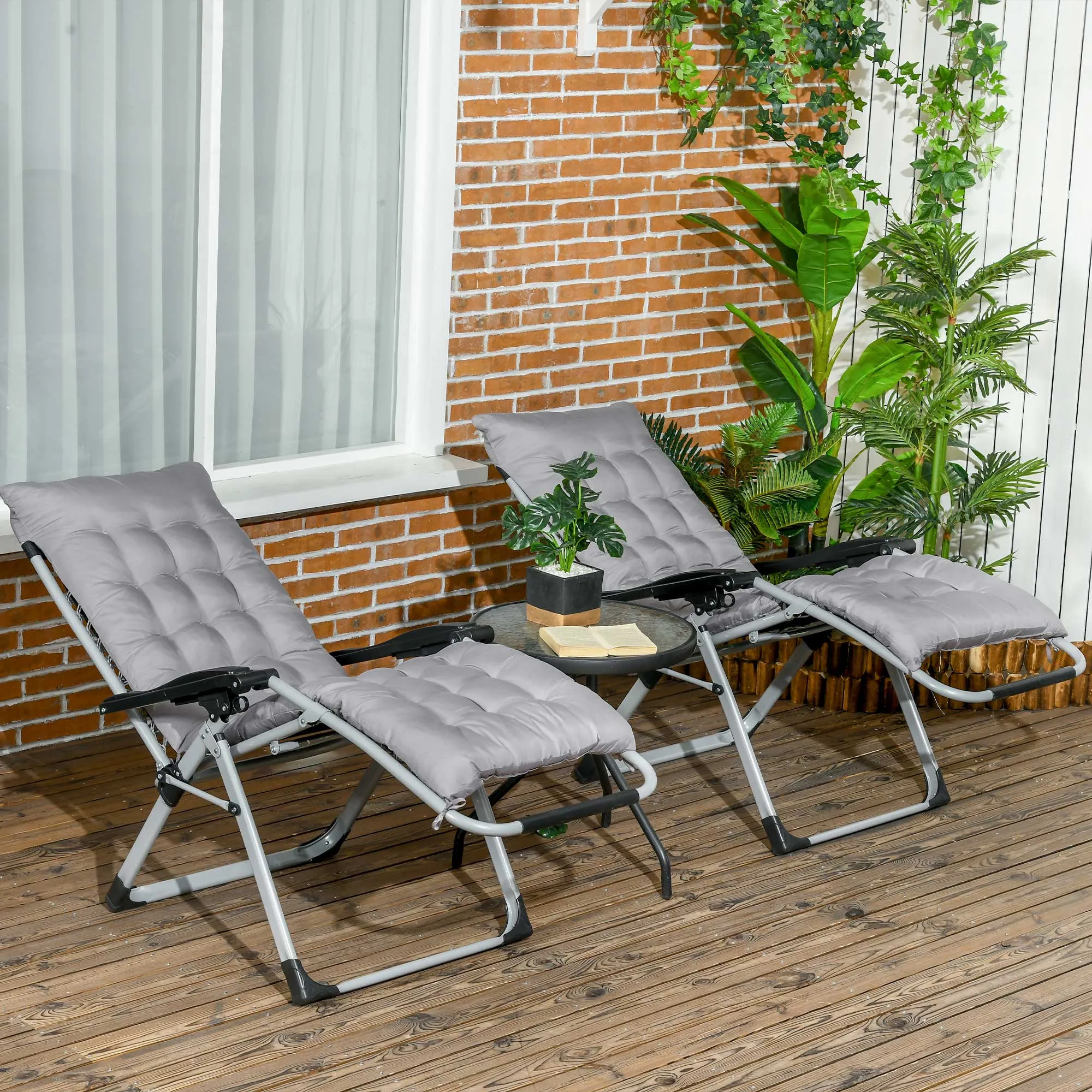 Reclining Zero Gravity Chair with Adjustable Backrest, Folding Garden Sun Lounger with Removable Cushion and Headrest, Set of 2, Dark Grey