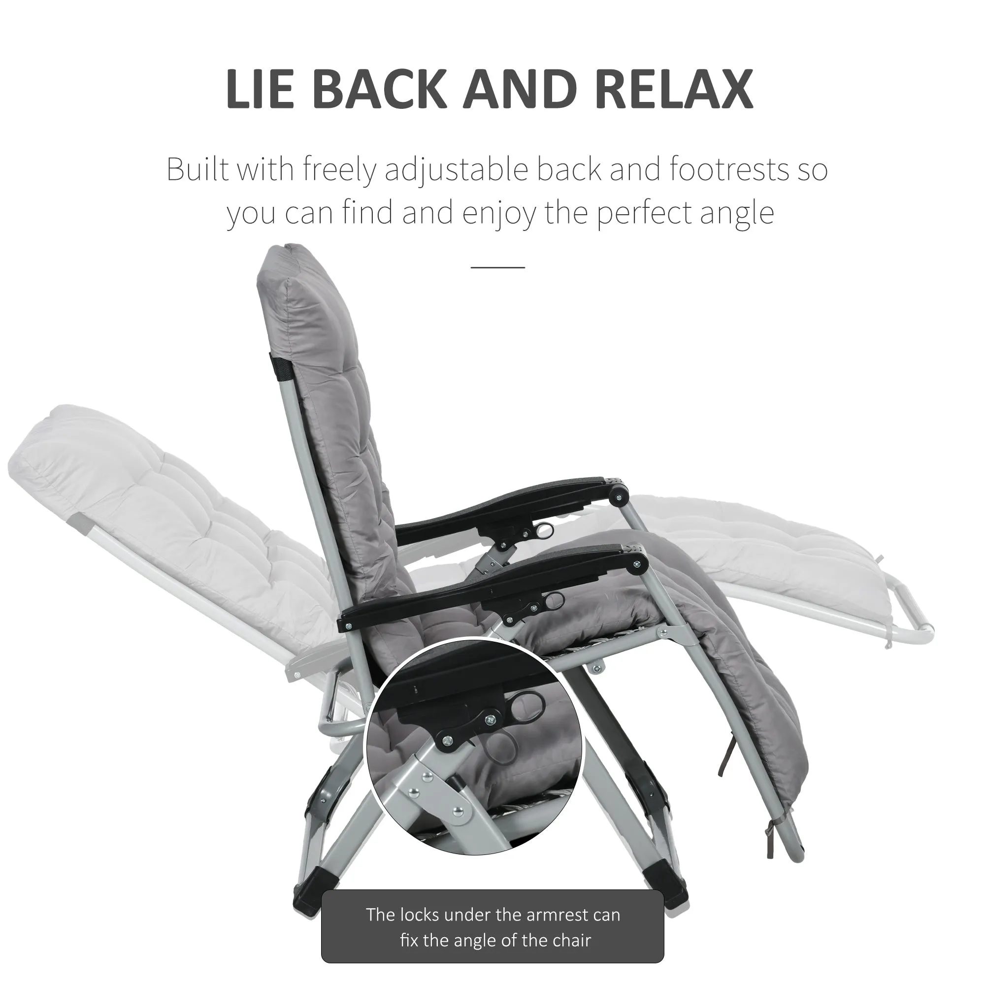 Reclining Zero Gravity Chair with Adjustable Backrest, Folding Garden Sun Lounger with Removable Cushion and Headrest, Set of 2, Dark Grey