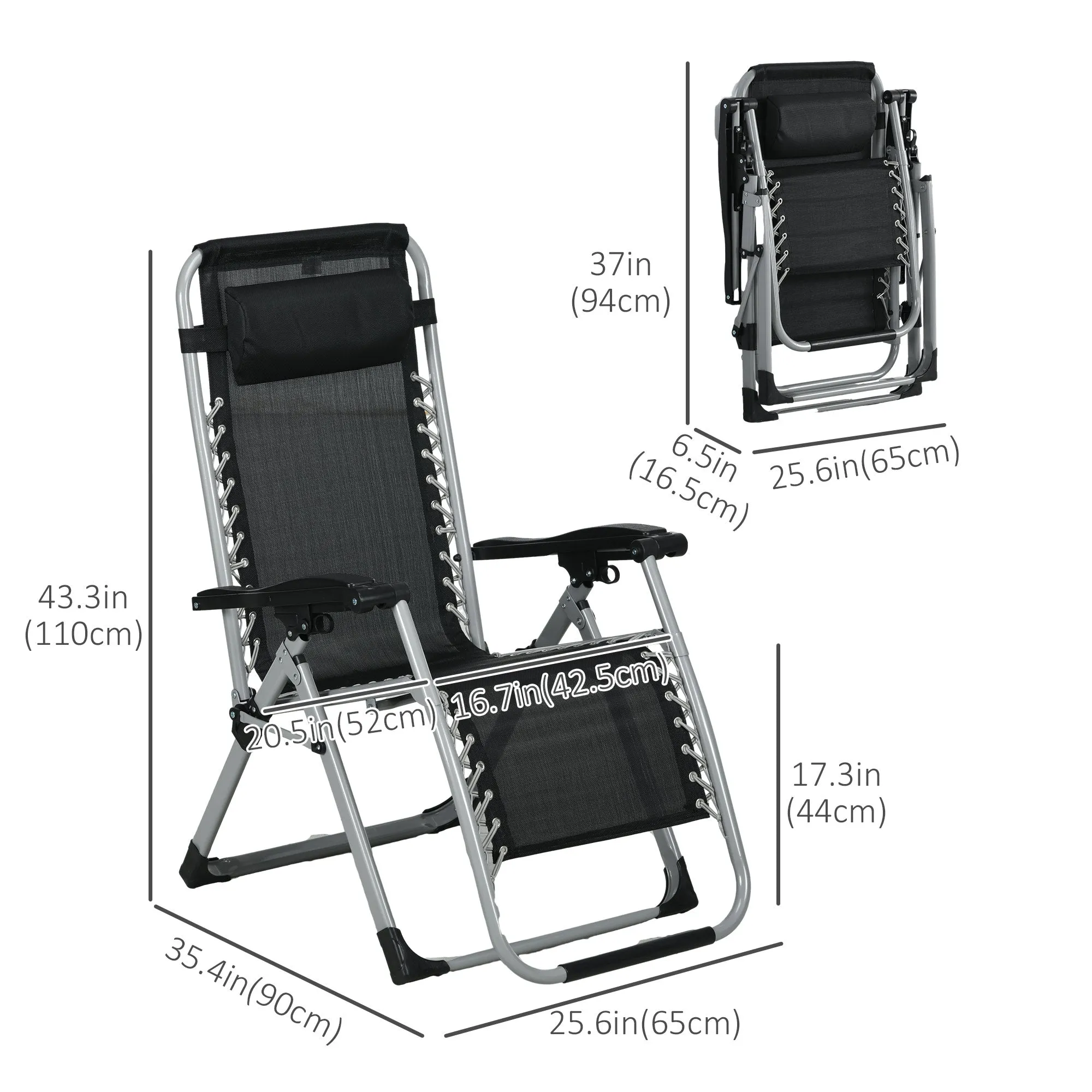 Reclining Zero Gravity Chair with Adjustable Backrest, Folding Garden Sun Lounger with Removable Cushion and Headrest, Set of 2, Dark Grey