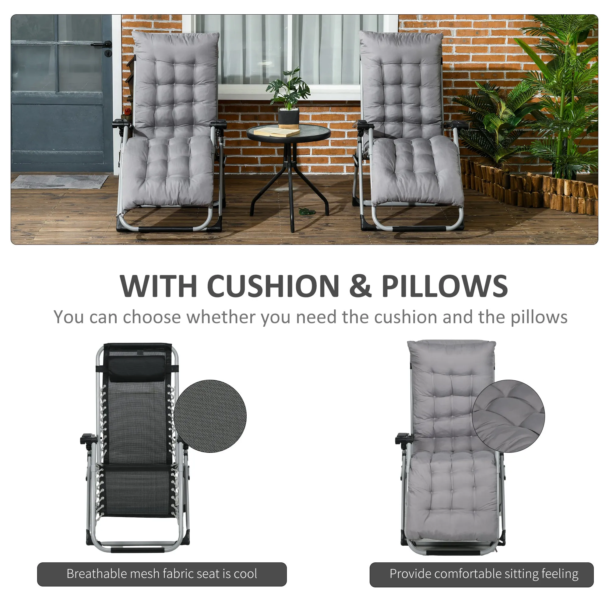Reclining Zero Gravity Chair with Adjustable Backrest, Folding Garden Sun Lounger with Removable Cushion and Headrest, Set of 2, Dark Grey