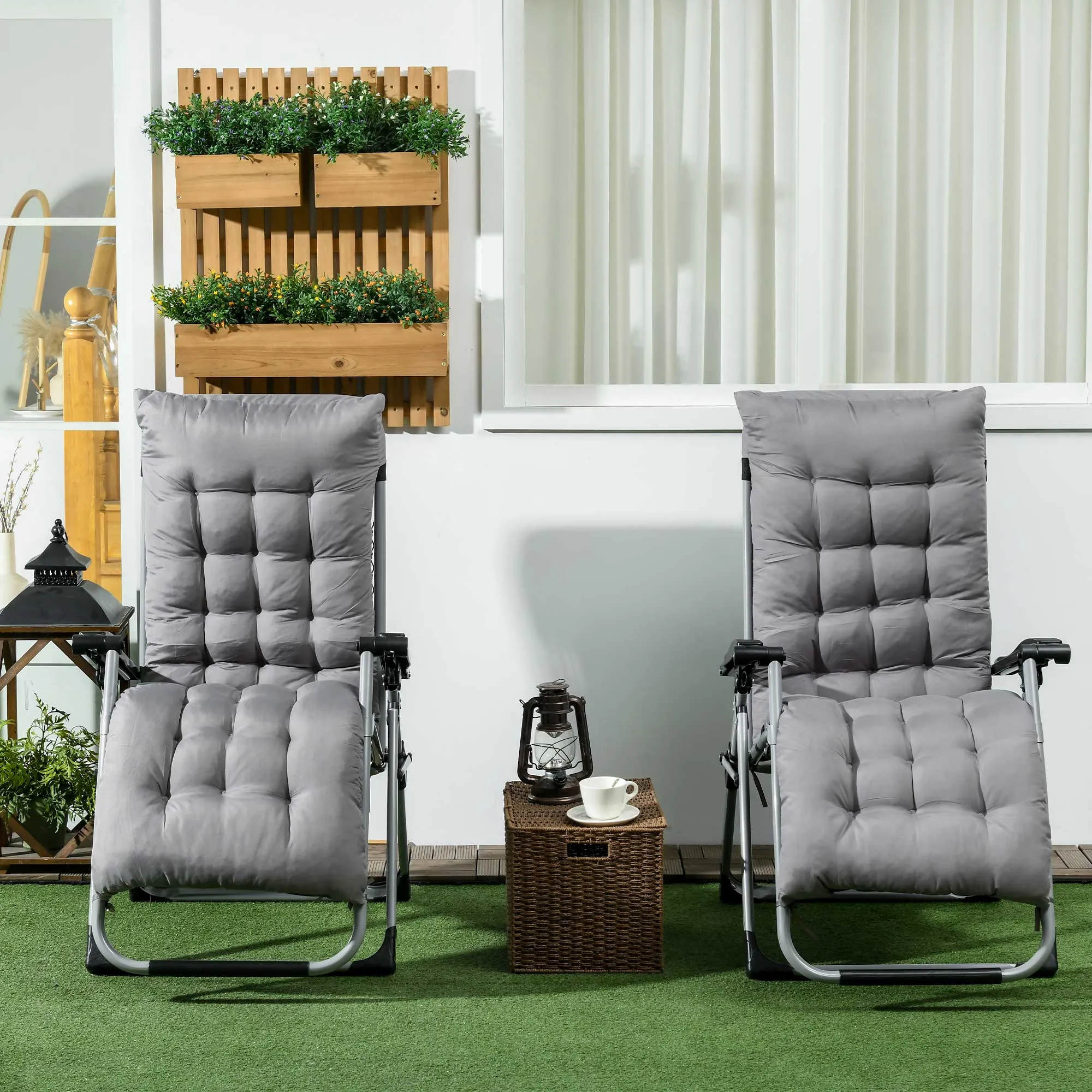 Reclining Zero Gravity Chair with Adjustable Backrest, Folding Garden Sun Lounger with Removable Cushion and Headrest, Set of 2, Dark Grey