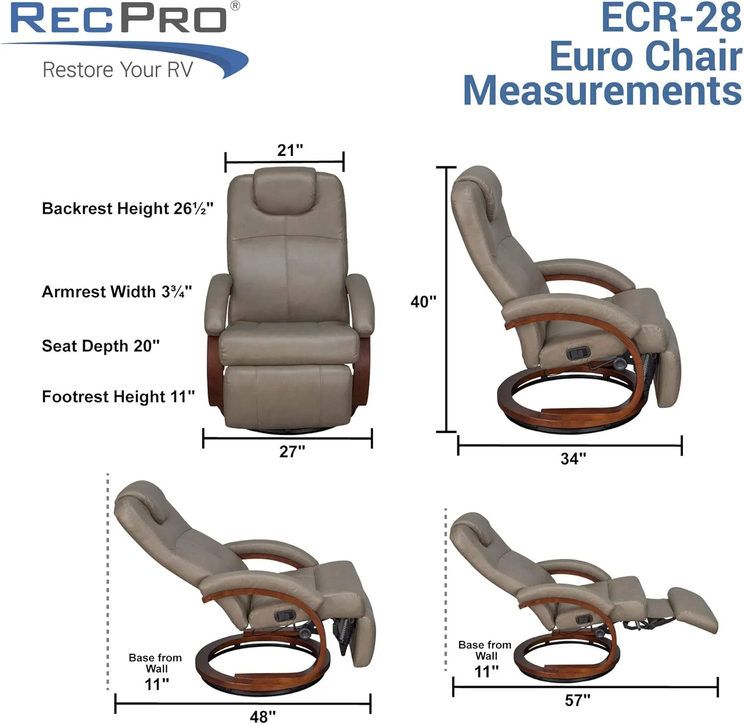 RecPro Charles 28" RV Euro Chair Recliner Modern Design RV Furniture (1, Chestnut)