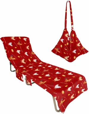 Red Farm Chaise Lounger Cover with Pockets, Pool Lounge Chair Covers 85"x29", Yellow Rooster Chick White Hen Microfiber Beach Chair Cover for Outdoor Patio Sunbathing