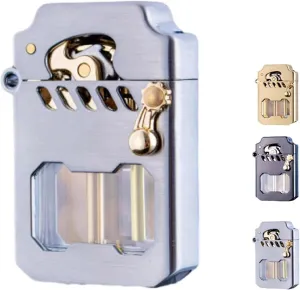 Retro Kerosene Lighter, Transparent Oil Tank, Mechanical Metal Rocker Trench Windproof Oil Lighter, Suitable for Gift Collection Outdoor Kitchen(Silver)