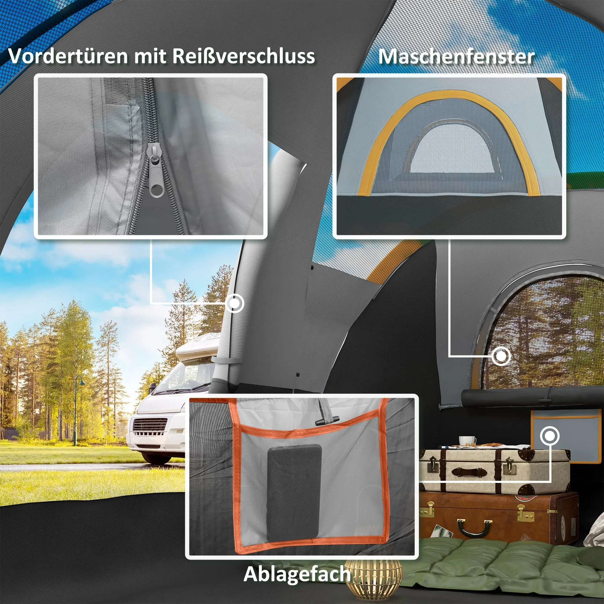 Rootz Camping Tent for 5-6 People - Family Tent - 3 Season Tents - UV Resistant - 455cm x 220cm x 180cm - Grey / Black with Carrying Bag