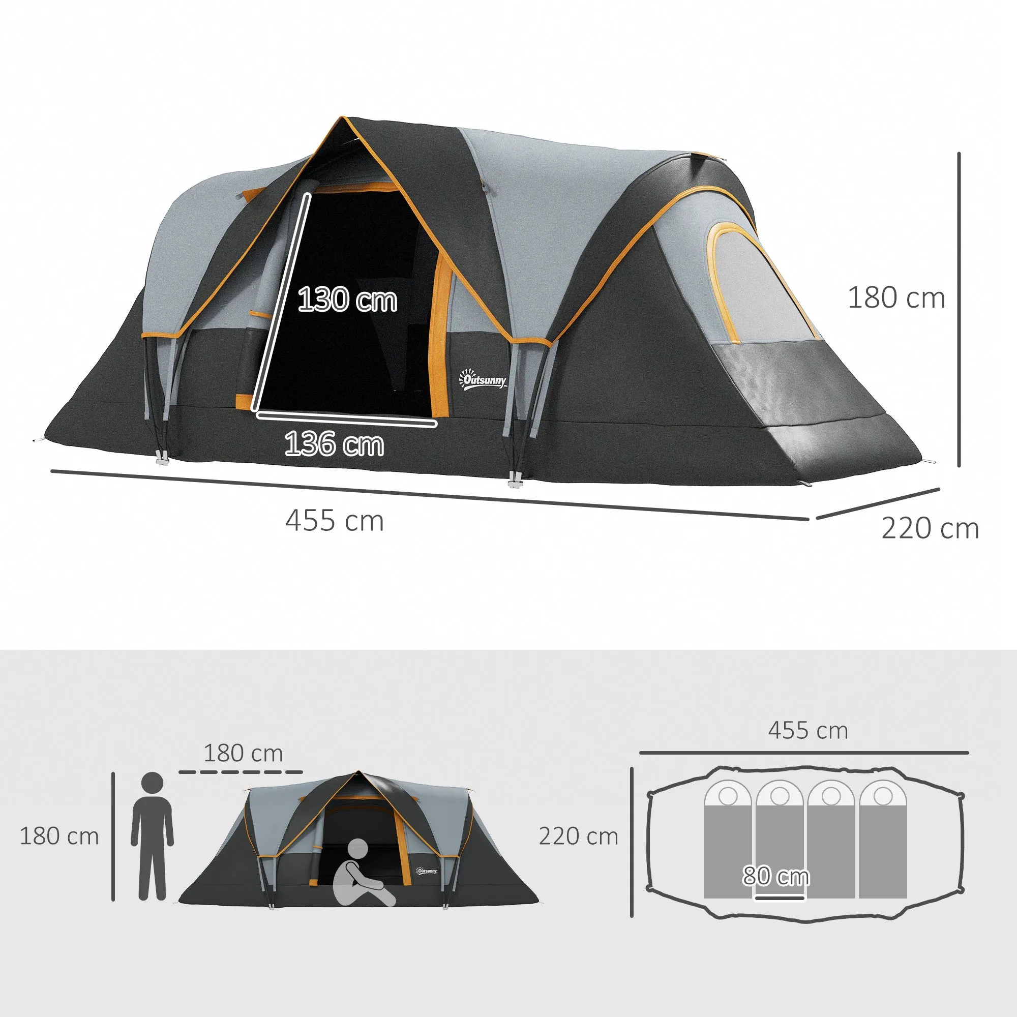 Rootz Camping Tent for 5-6 People - Family Tent - 3 Season Tents - UV Resistant - 455cm x 220cm x 180cm - Grey / Black with Carrying Bag