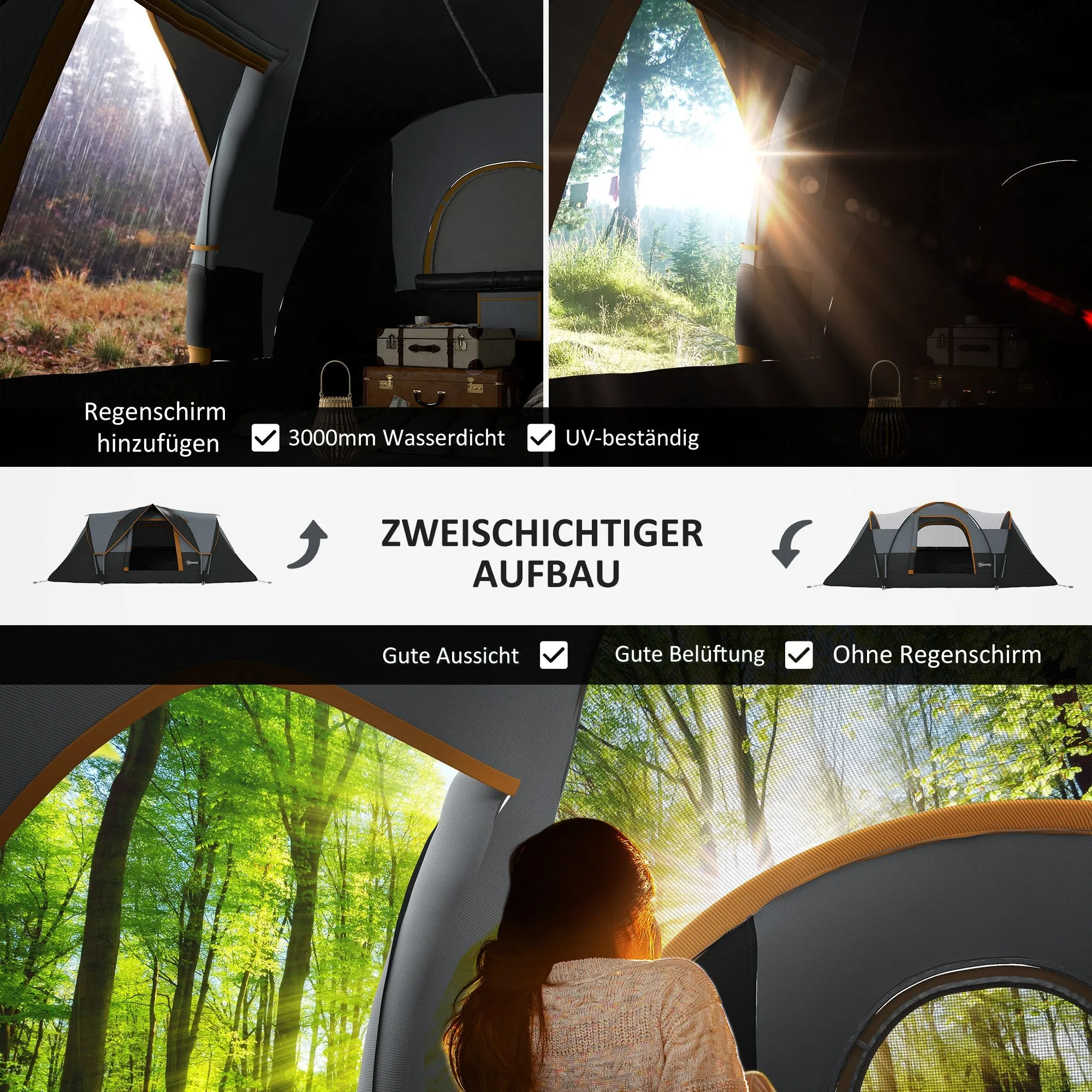 Rootz Camping Tent for 5-6 People - Family Tent - 3 Season Tents - UV Resistant - 455cm x 220cm x 180cm - Grey / Black with Carrying Bag