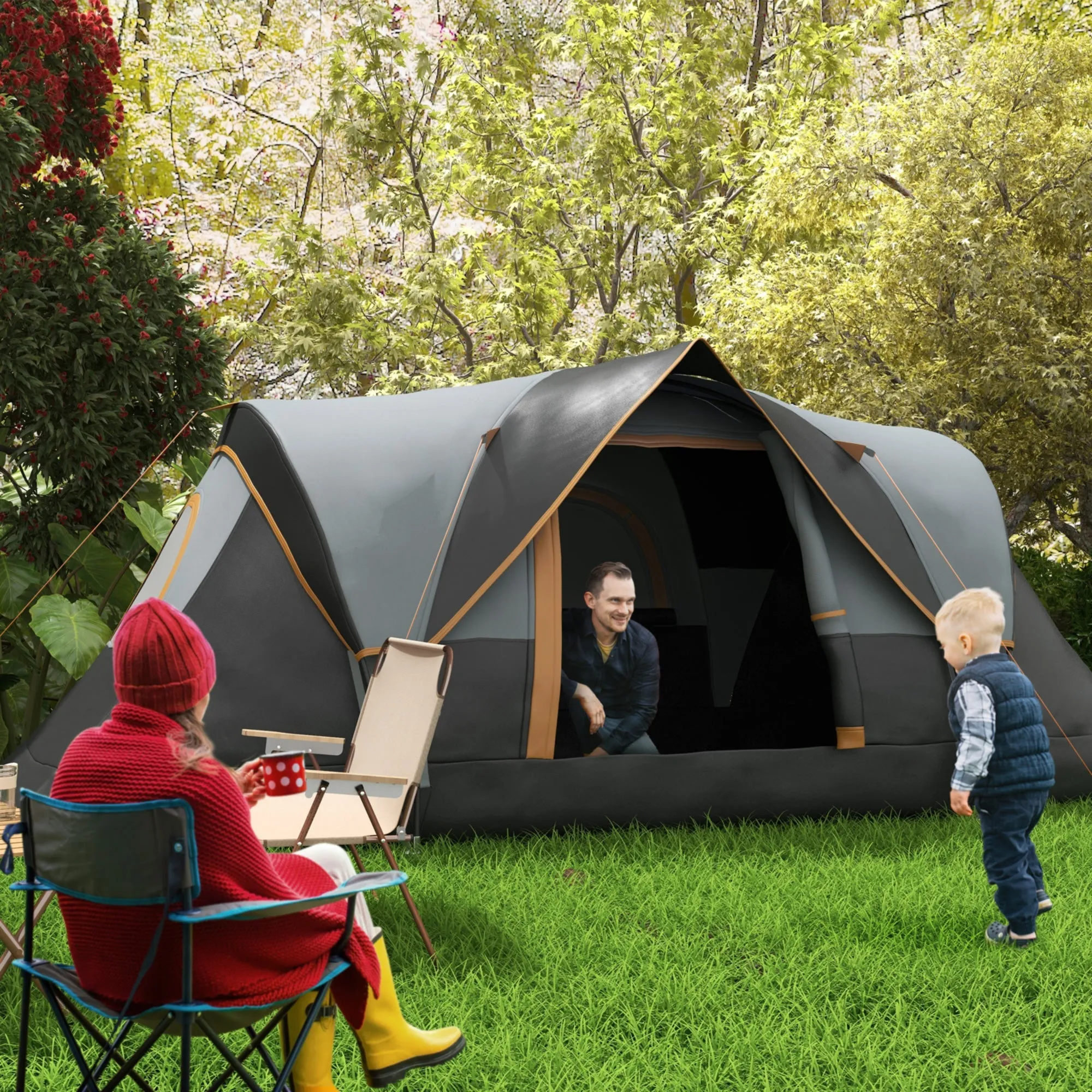 Rootz Camping Tent for 5-6 People - Family Tent - 3 Season Tents - UV Resistant - 455cm x 220cm x 180cm - Grey / Black with Carrying Bag