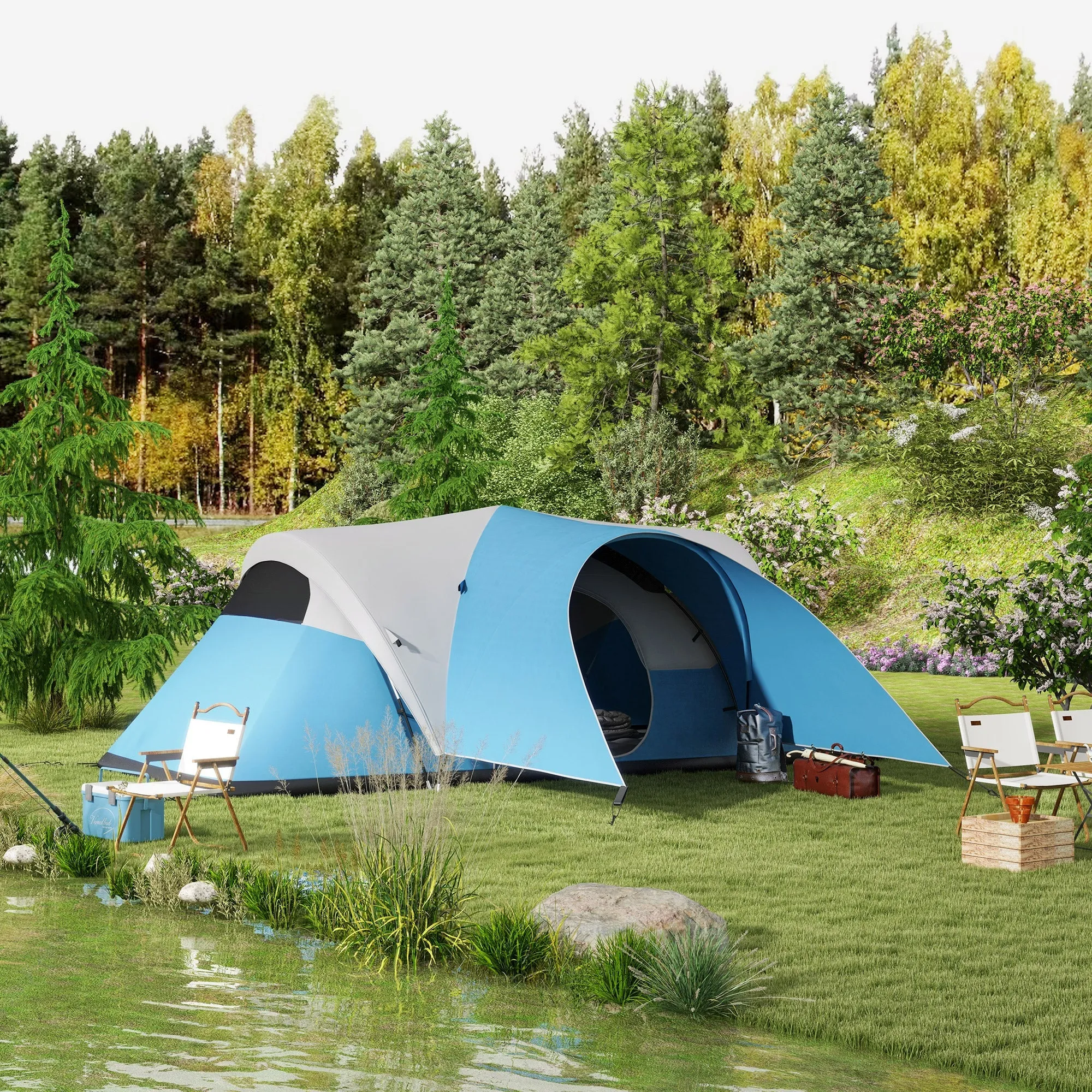 Rootz Family Camping Tent - Waterproof Shelter - Outdoor Awning - Protects from Rain - 550L x 300B x 198H cm - Blue, Grey