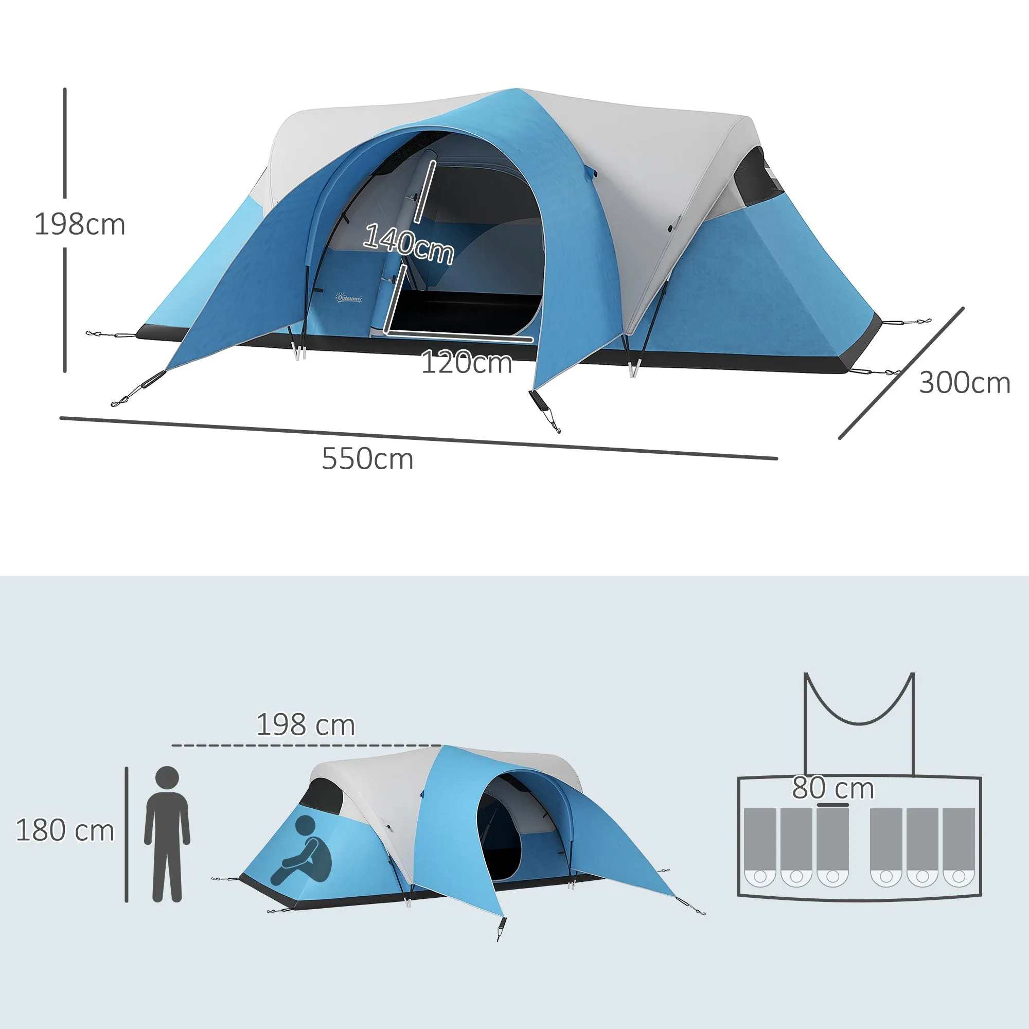 Rootz Family Camping Tent - Waterproof Shelter - Outdoor Awning - Protects from Rain - 550L x 300B x 198H cm - Blue, Grey