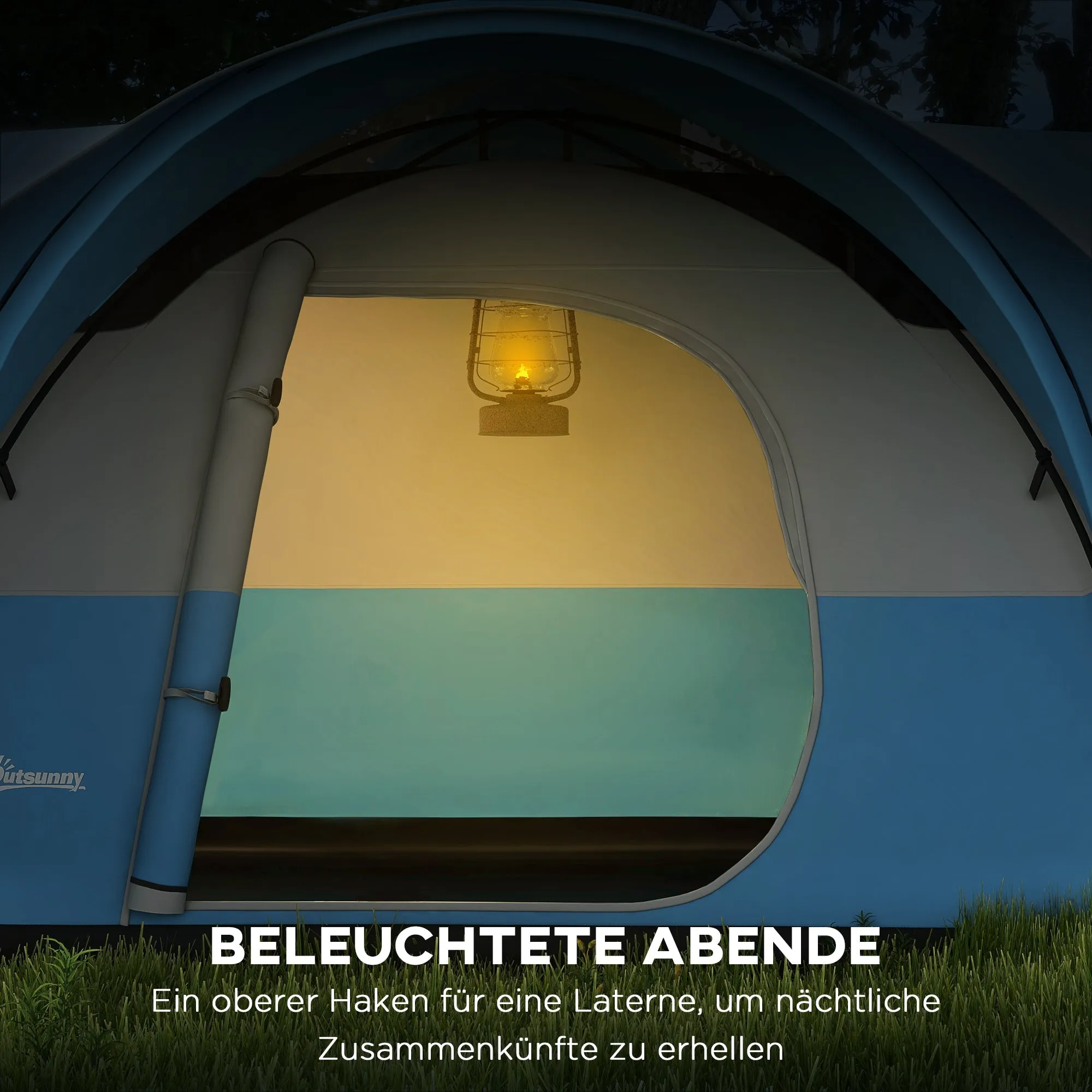 Rootz Family Camping Tent - Waterproof Shelter - Outdoor Awning - Protects from Rain - 550L x 300B x 198H cm - Blue, Grey