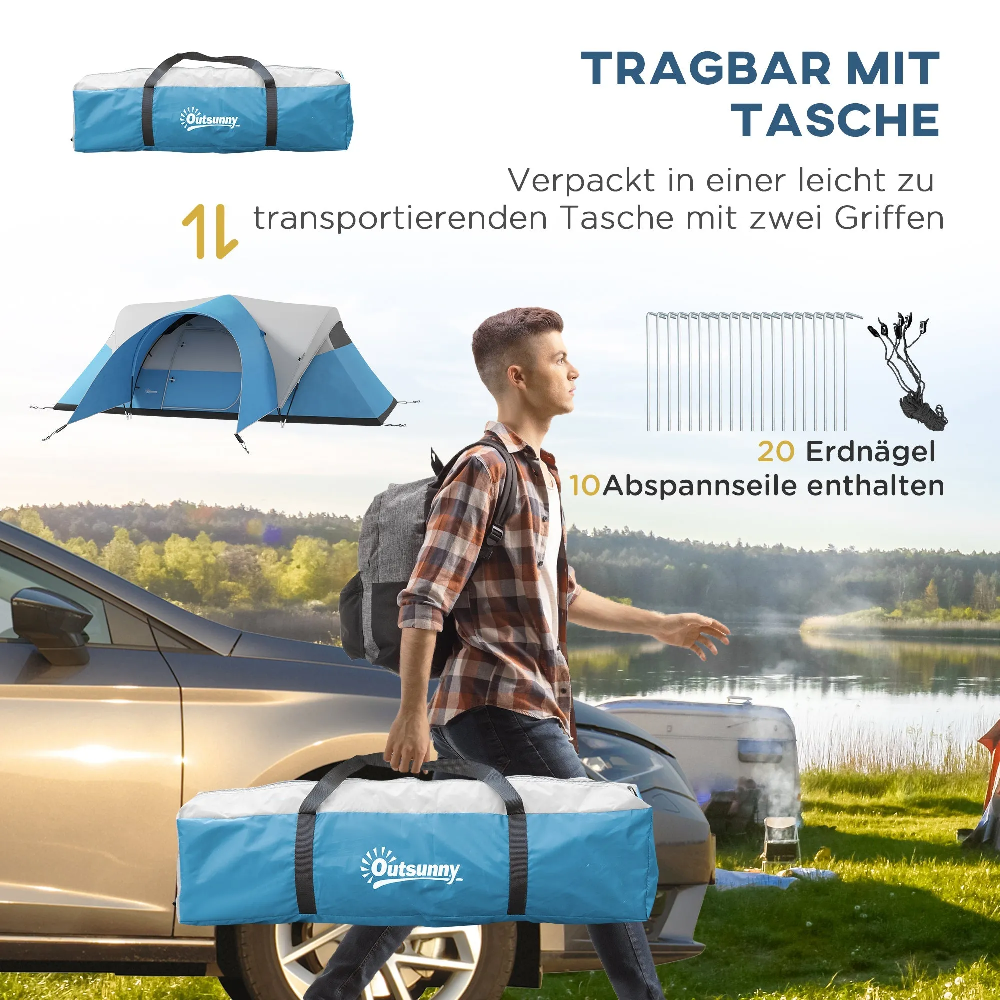 Rootz Family Camping Tent - Waterproof Shelter - Outdoor Awning - Protects from Rain - 550L x 300B x 198H cm - Blue, Grey