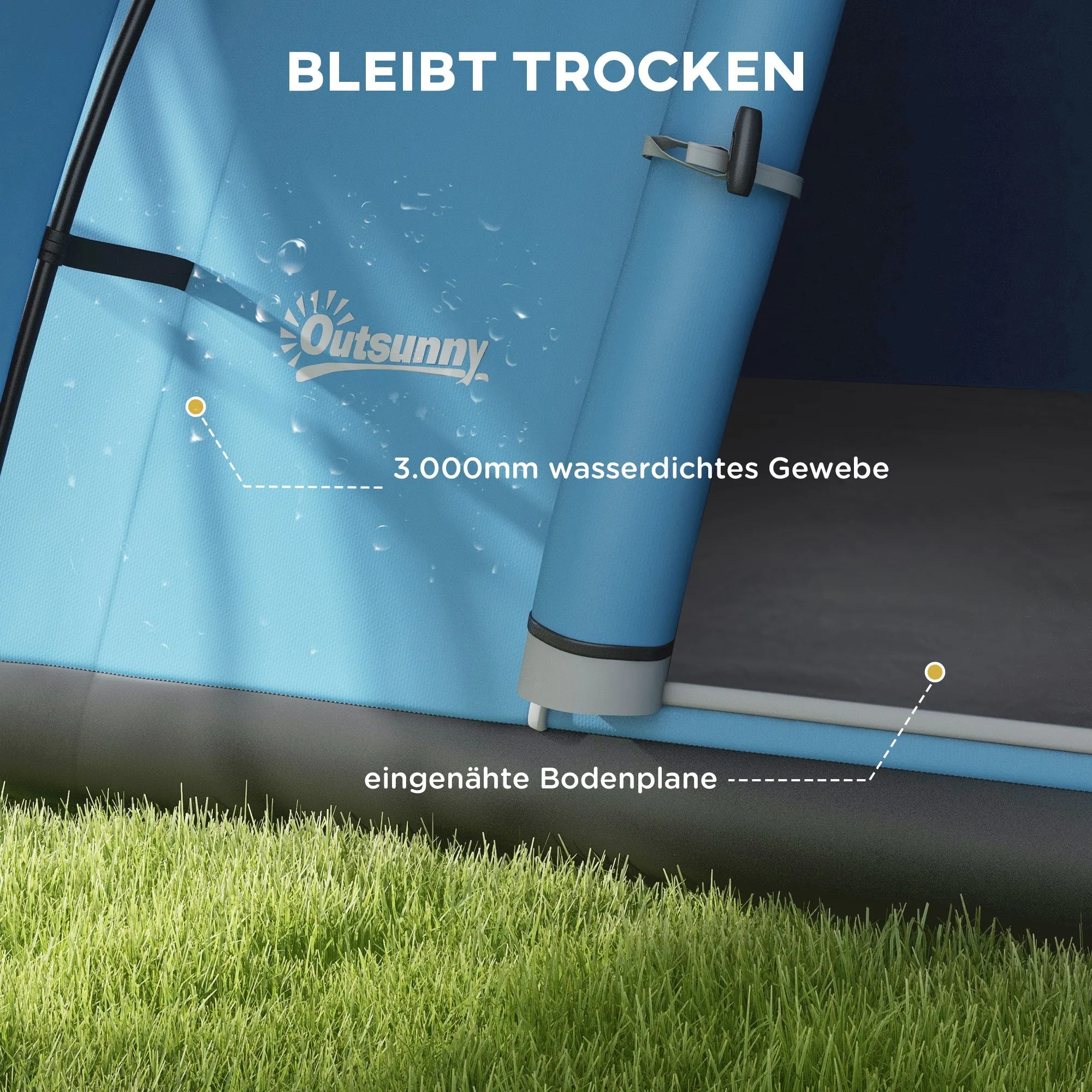 Rootz Family Camping Tent - Waterproof Shelter - Outdoor Awning - Protects from Rain - 550L x 300B x 198H cm - Blue, Grey