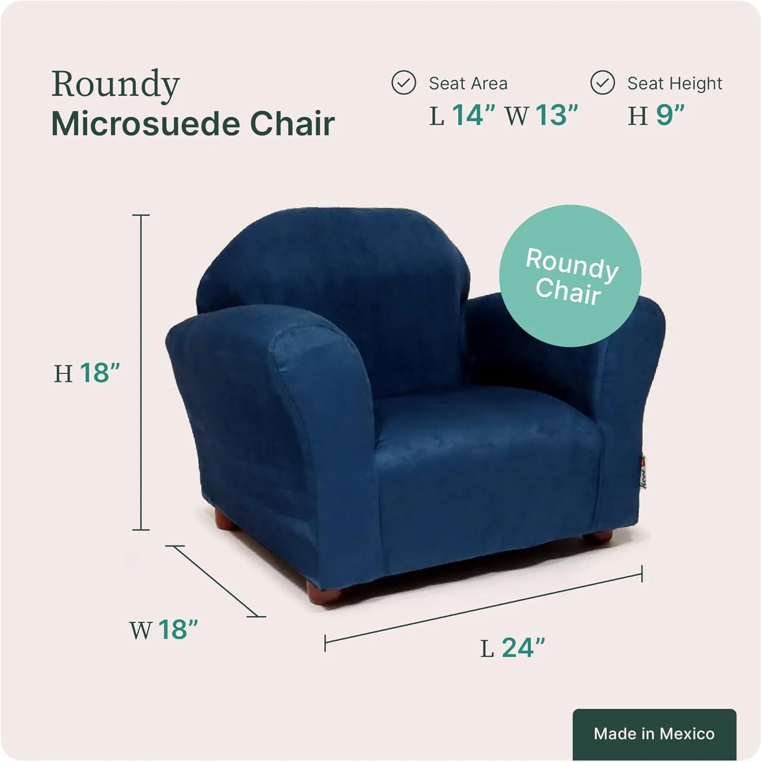 Roundy Toddler Armchair with Soft Microsuede Upholstery Durable Wooden Frame, Ergonomic Design, Fully Assembled, Comfortable Kids Chair for Ages 2-5, Ideal for Bedroom, Playroom & Daycare Use.