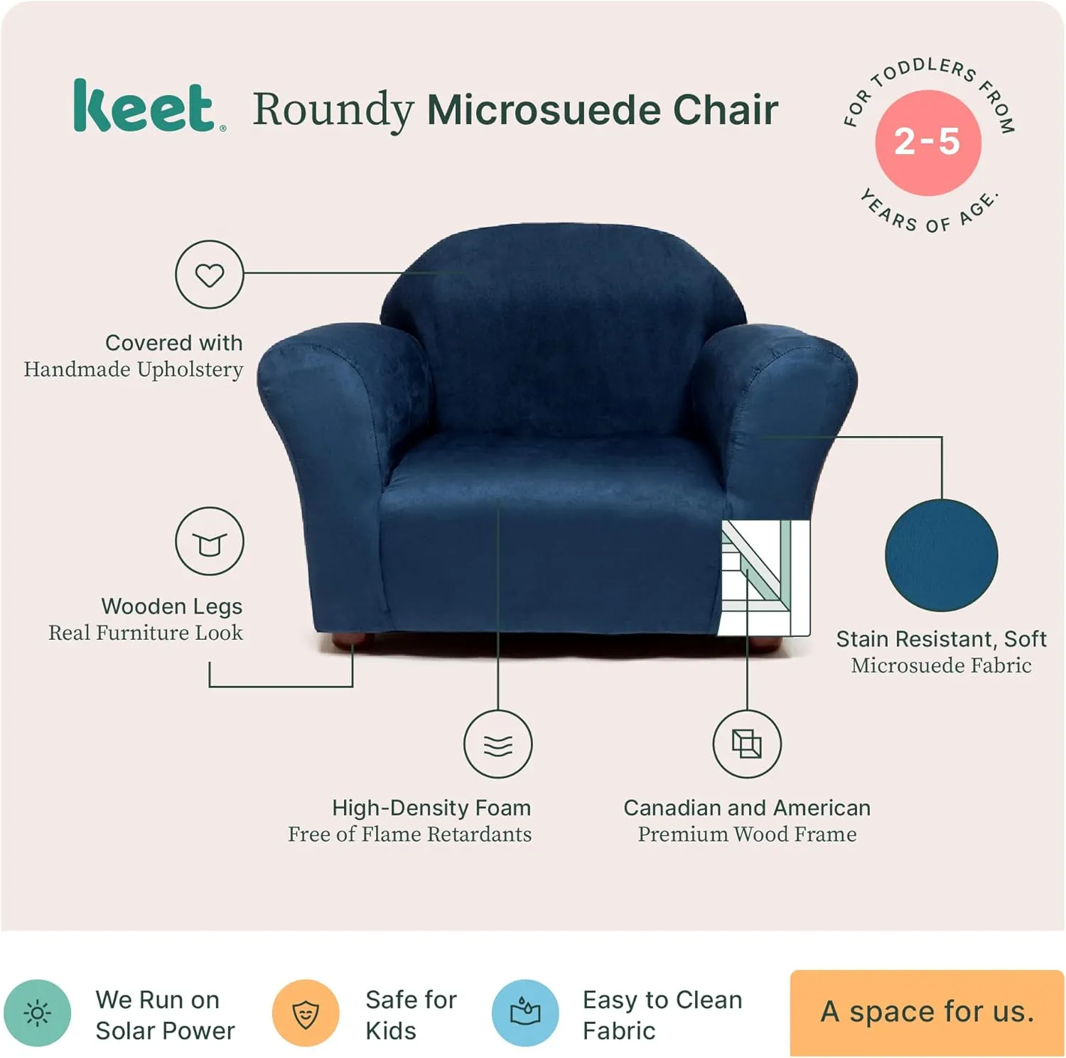 Roundy Toddler Armchair with Soft Microsuede Upholstery Durable Wooden Frame, Ergonomic Design, Fully Assembled, Comfortable Kids Chair for Ages 2-5, Ideal for Bedroom, Playroom & Daycare Use.