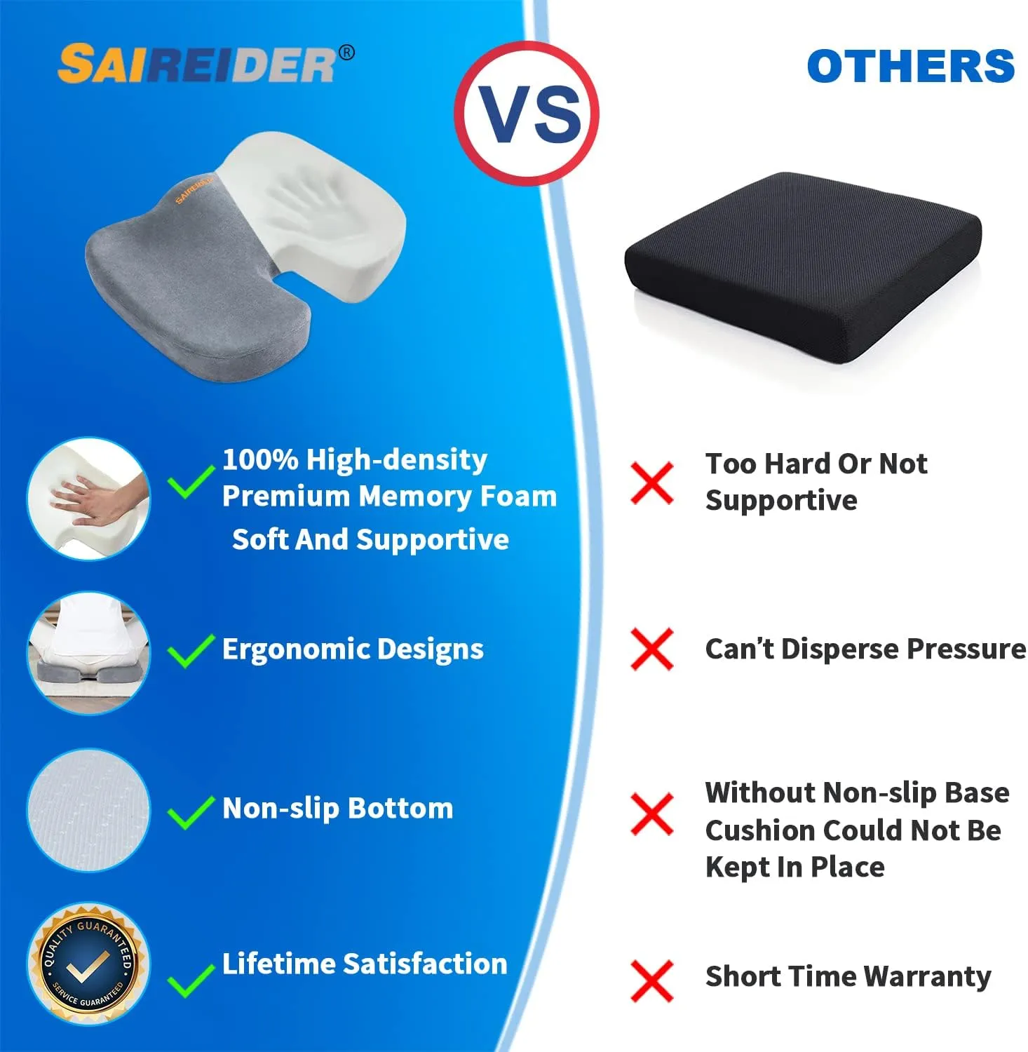 SAIREIDER Seat Cushions for Office Chairs, Memory Foam Coccyx Cushion Pads for Tailbone Pain, Sciatica Relief Pillow, Car Seat Cushion, Correct Sitting Posture (Grey)