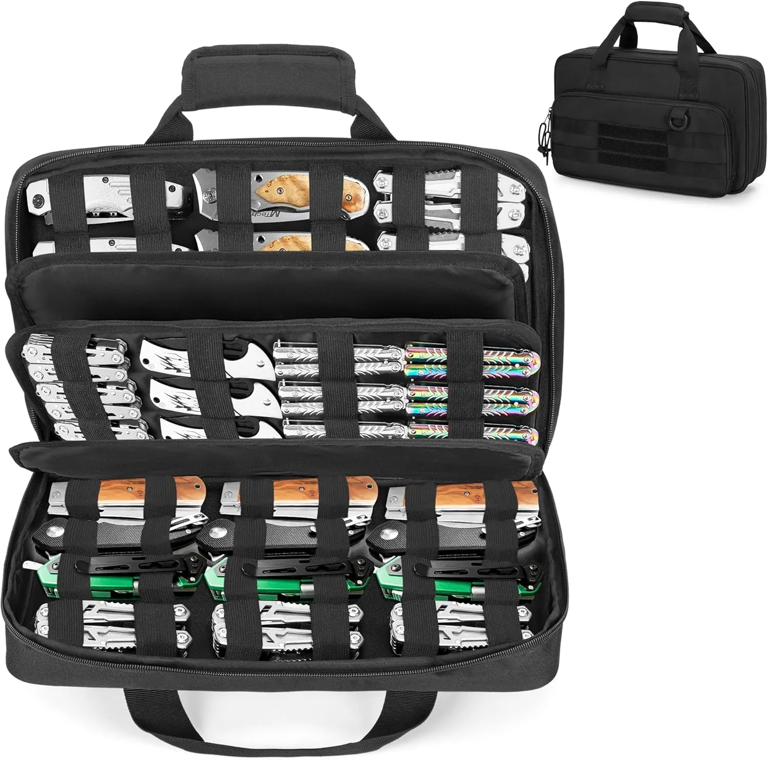 samdew Knife Display Bag for 74  Pocket Knives, Butterfly Knife Storage Case with 3 Different Size Slots, Folding Knife Organizer Holder, Knife Collection Box with Hard PE Board, Soft Bag Only