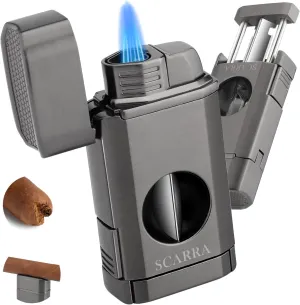 SCARRA Cigar Torch Lighter, Multi-Function 3-in-1 Torch Lighter Gift for Men, Butane Lighters Built-in Cigar Holder & One-Touch Cigar Cutter V Cut, Windproof Triple Jet Flame Lighter for Men